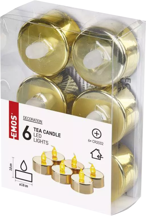Egy átlátszó dobozban hat arany LED teamécses, egy címkével.