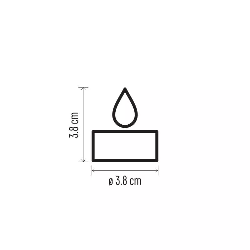 Egy fekete-fehér gyertya ikonja, 3,8 cm x 3,8 cm méretekkel. Egy könnycsepp alak van a tetején.