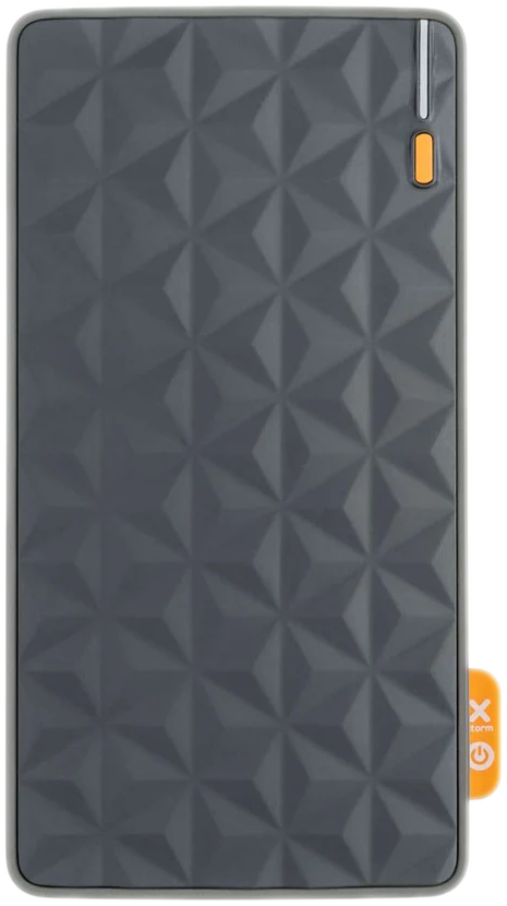Batterie externe grise avec motif géométrique, accent orange. Marque et logo sur le côté.