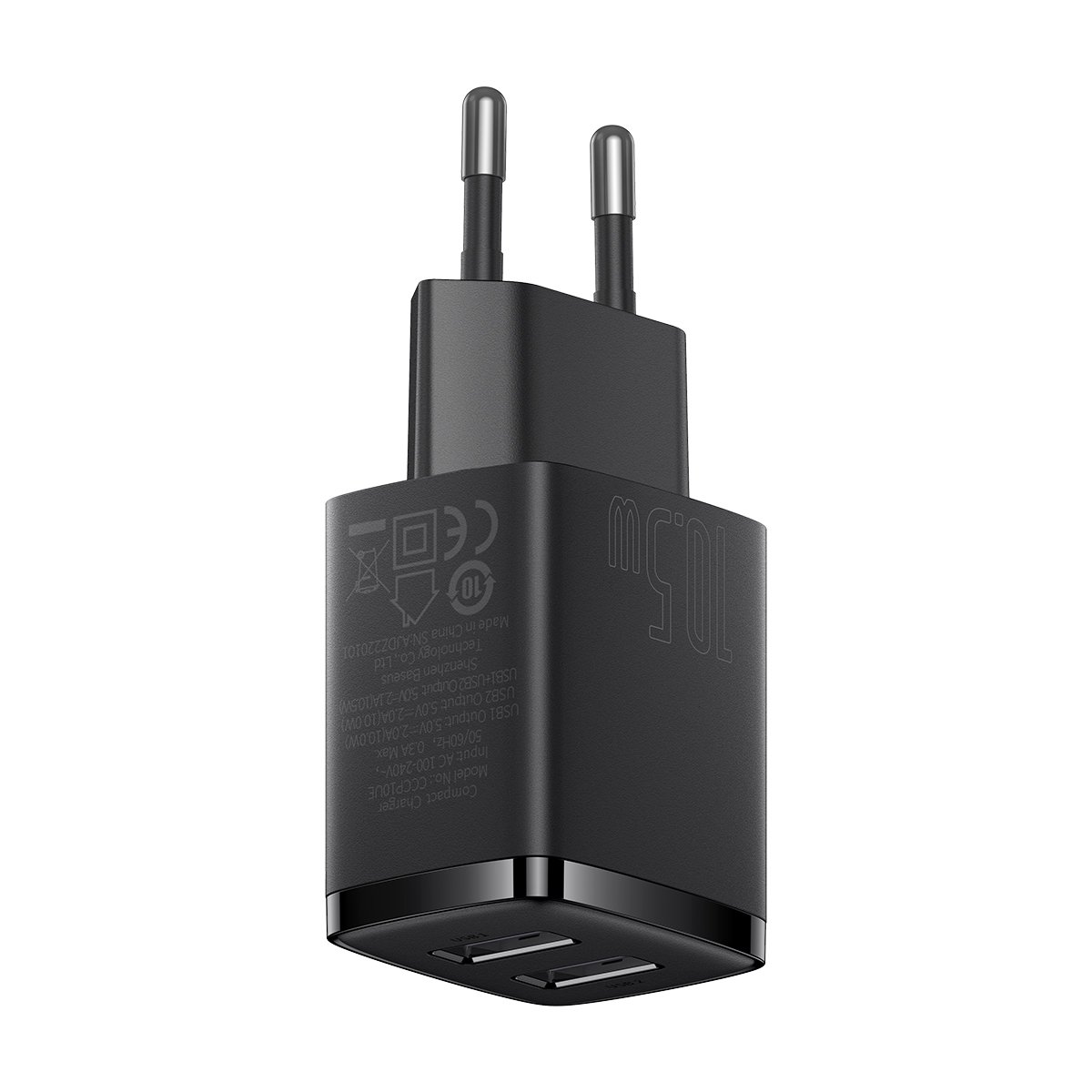 İki iğneli ve iki USB portlu siyah şarj cihazı.