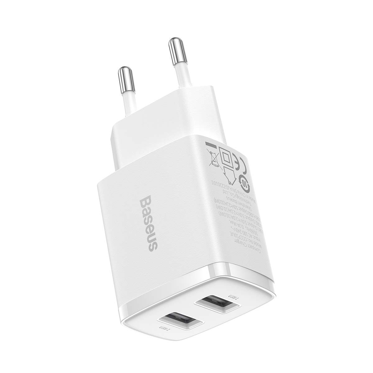 İki USB portlu beyaz Baseus duvar şarj cihazı. Markayı ve bağlantı noktalarını gösterir.
