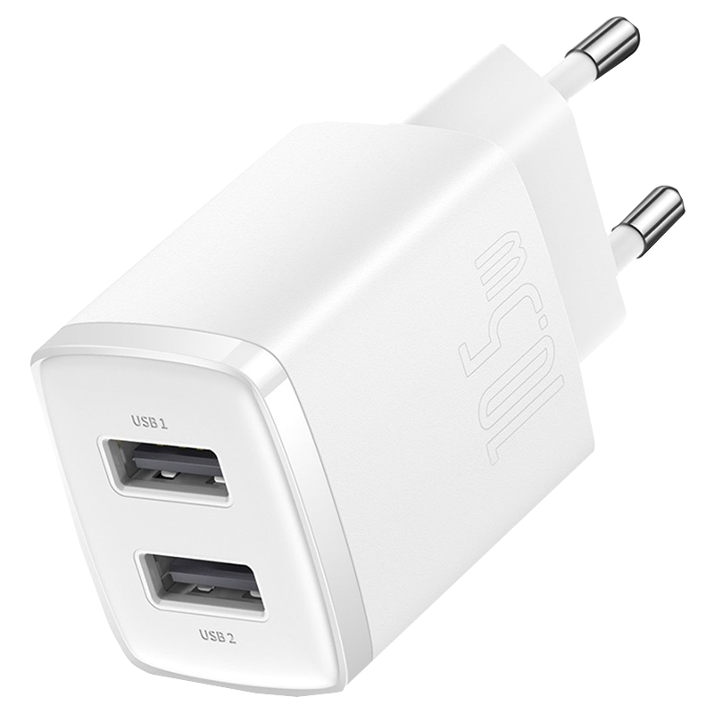 USB 1 ve USB 2 olarak etiketlenmiş, iki bağlantı noktalı beyaz USB şarj cihazı, 10,5W işareti ile.