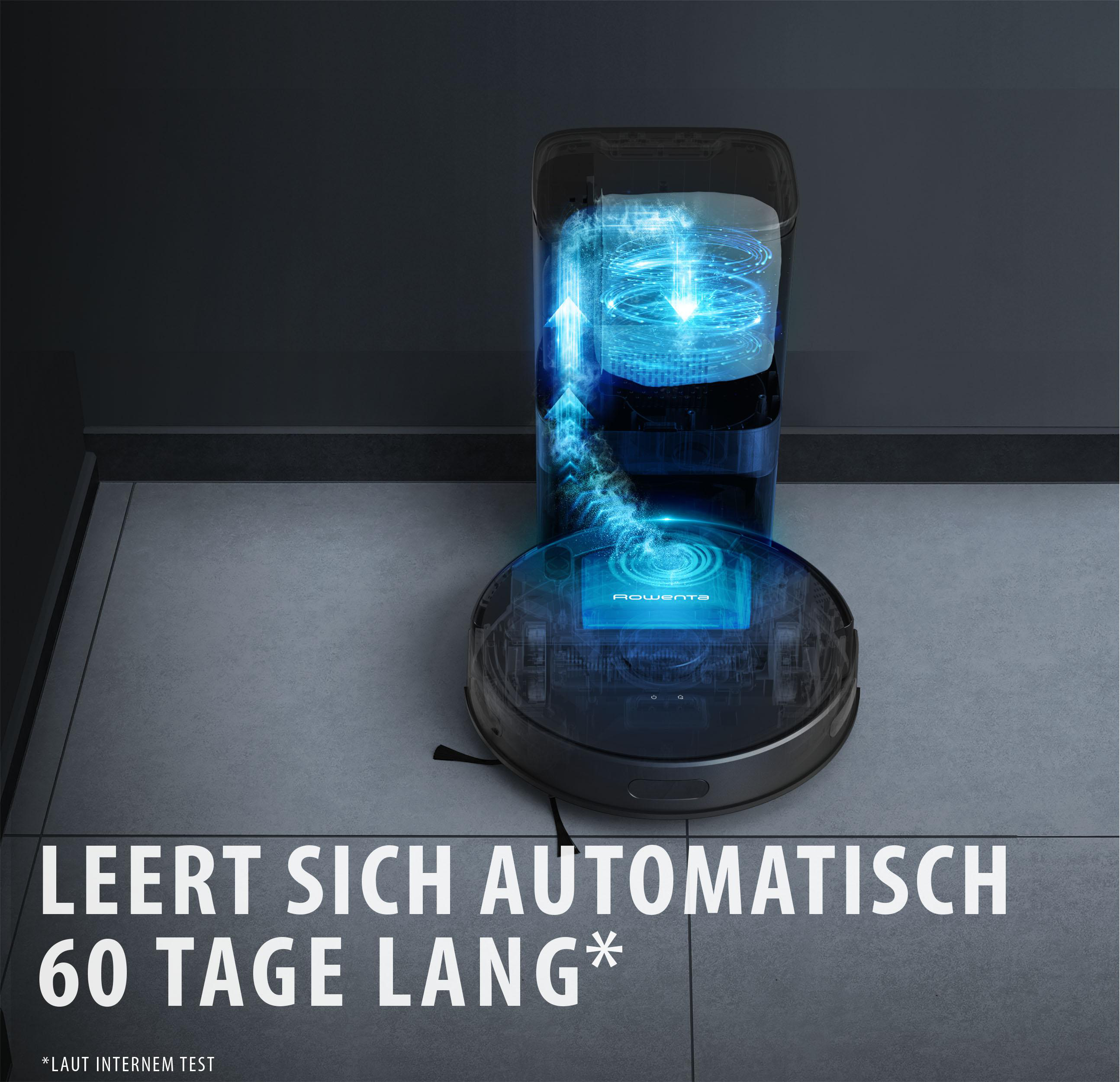 Ein Rowenta Roboter-Staubsauger mit Ladestation und dem Text 'entleert sich automatisch'.