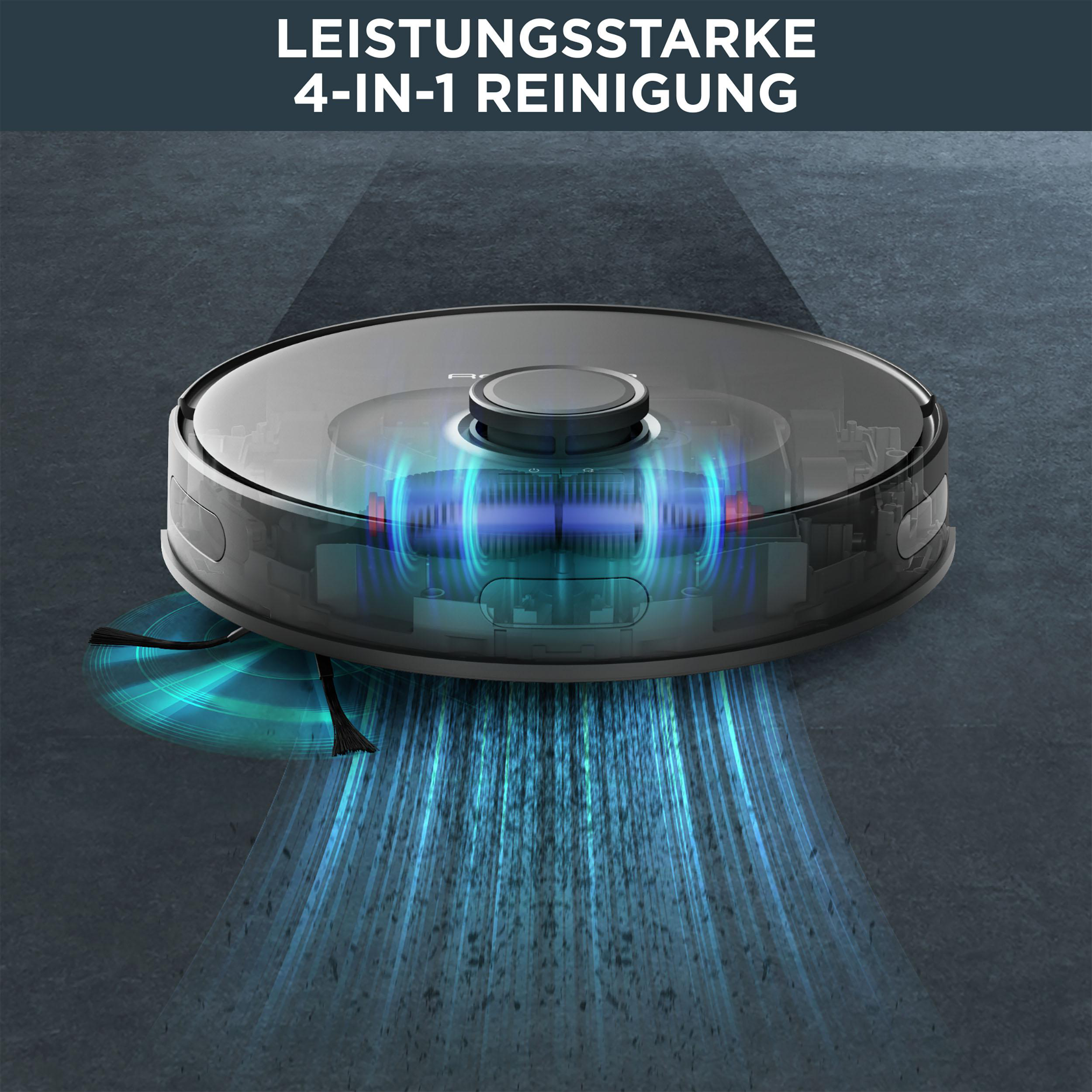 Roboter-Staubsauger mit blauen Lichteffekten. Text sagt "4-in-1 Reinigung".