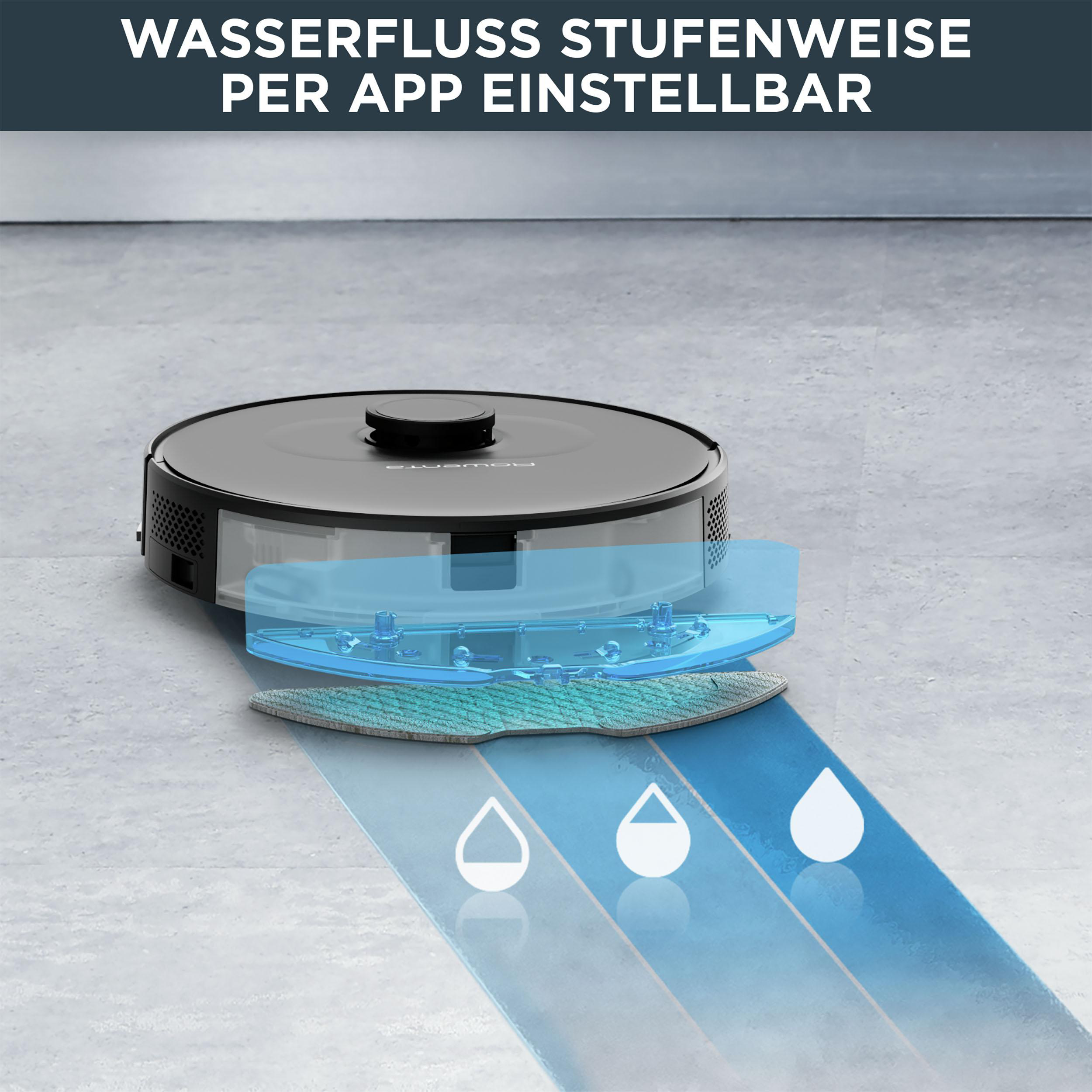 Schwarzer Roboter-Staubsauger mit blauem Wasserspray und Reinigungspad auf grauem Boden.