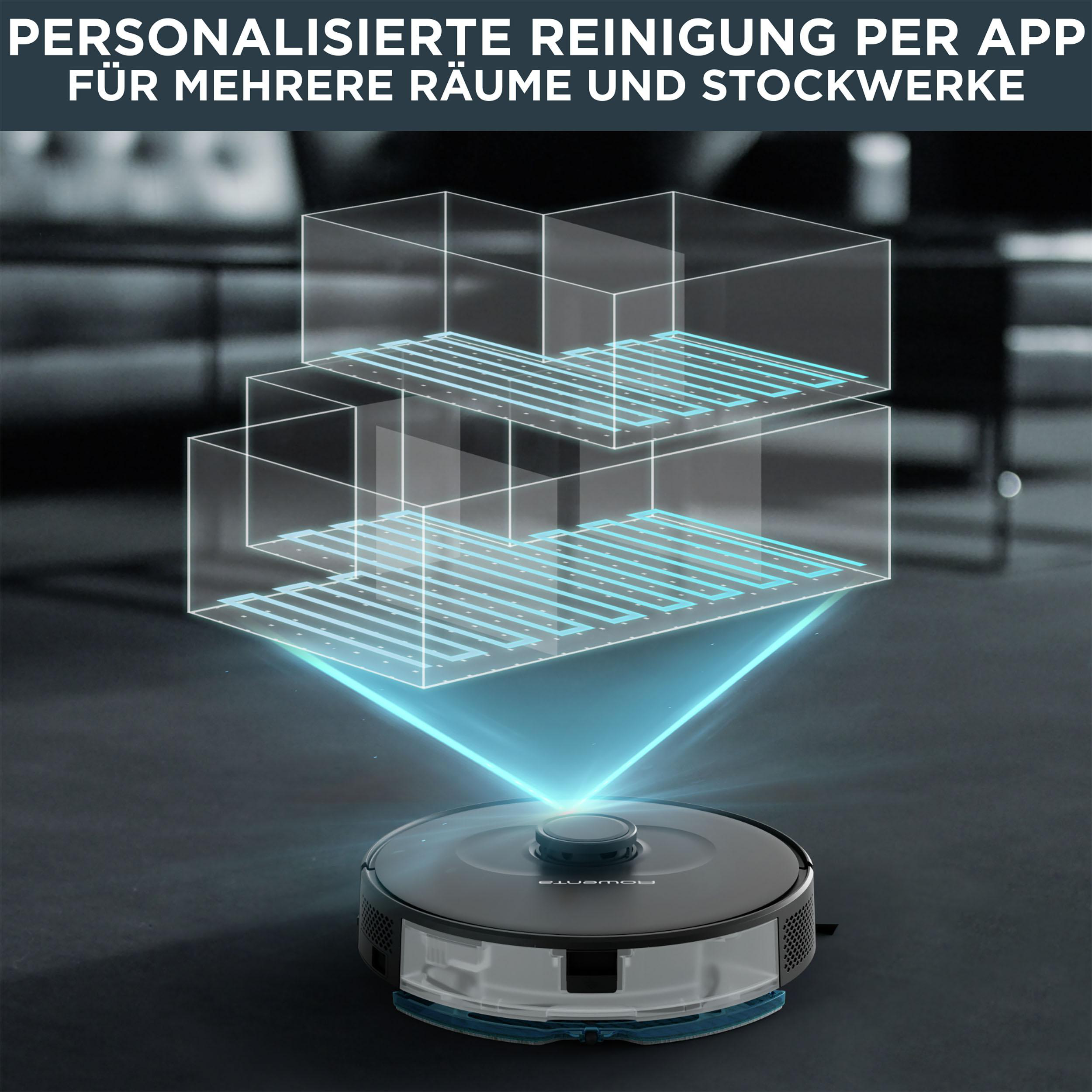 Ein Roboter-Staubsauger auf einem Boden mit einer Projektion von Reinigungspfaden darüber.