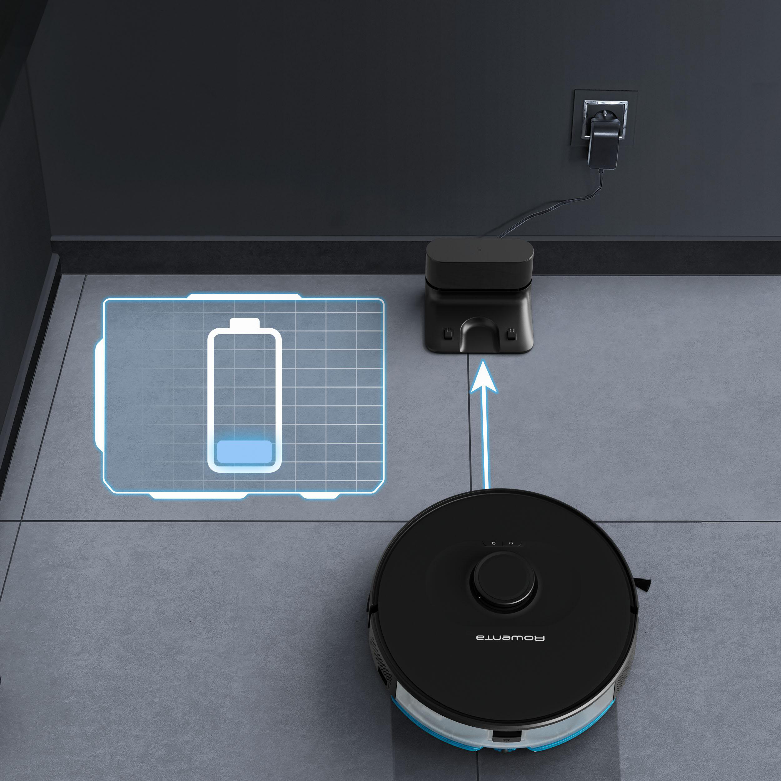 Roboter-Staubsauger, der lädt, mit einer Batteriestandsanzeige.