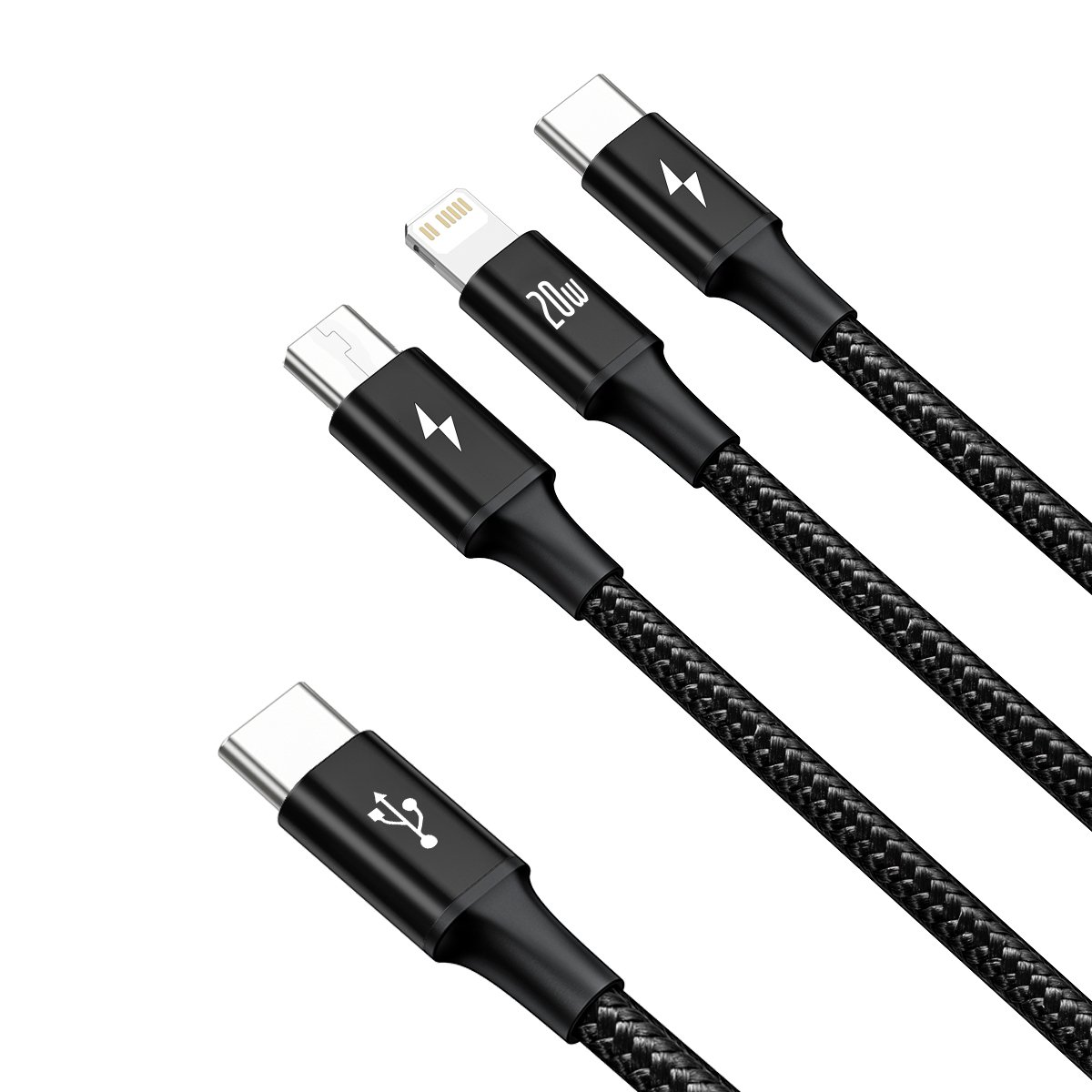 USB-C ve Lightning konektörlü, 20W etiketli dört siyah şarj kablosu.
