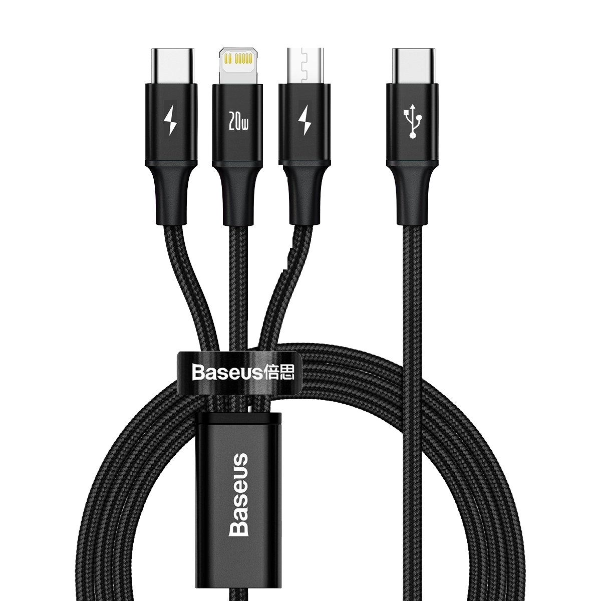 USB-C ve Lightning dahil olmak üzere çoklu konektörlü siyah şarj kablosu.