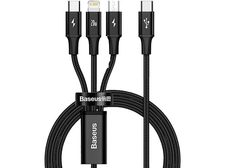 Baseus Rapid 3 in 1 Hızlı Şarj Type-C to C+L+C PD 20W 1.5m Kablosu Siyah