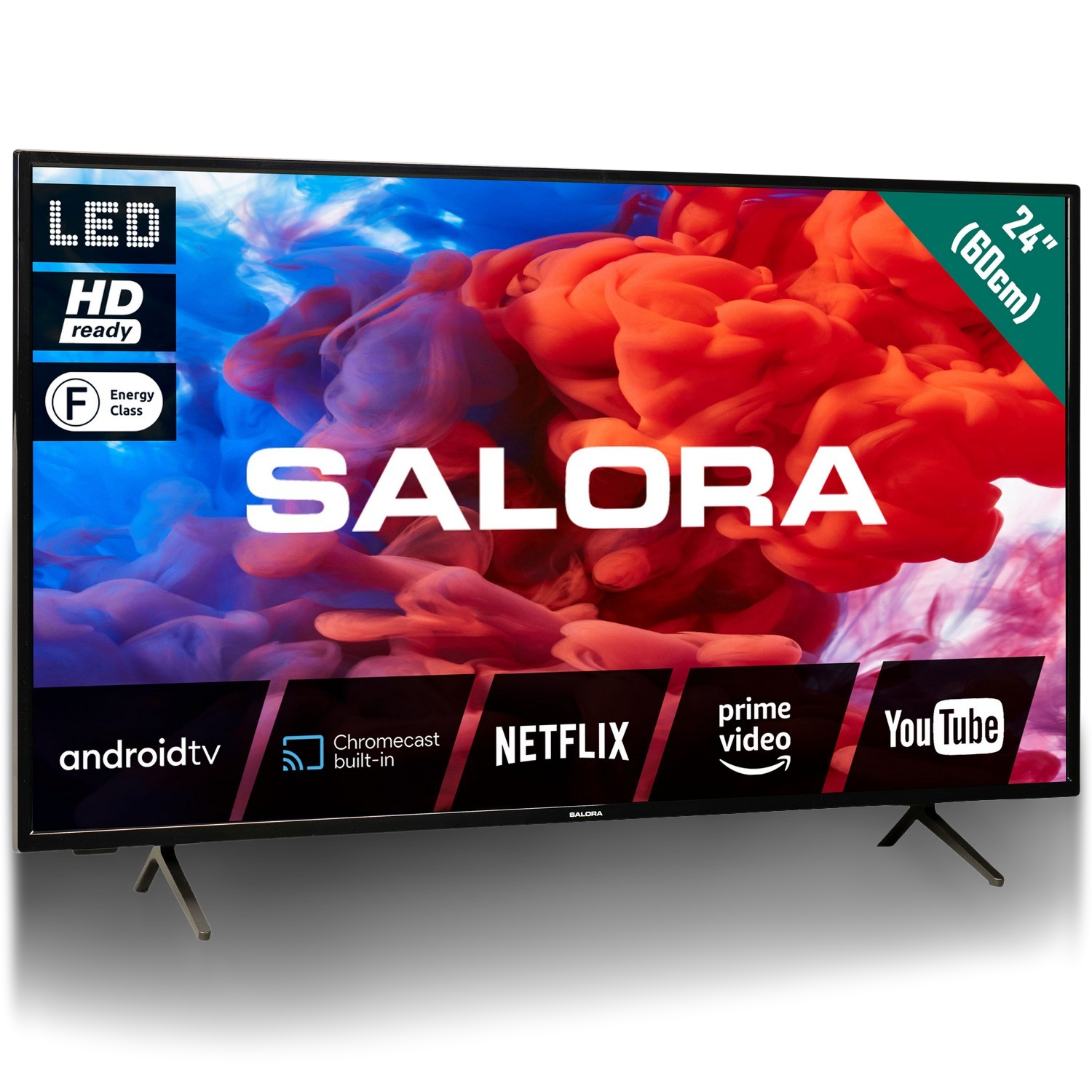 A 24-inch LED TV with a colorful abstract background, with apps logos.