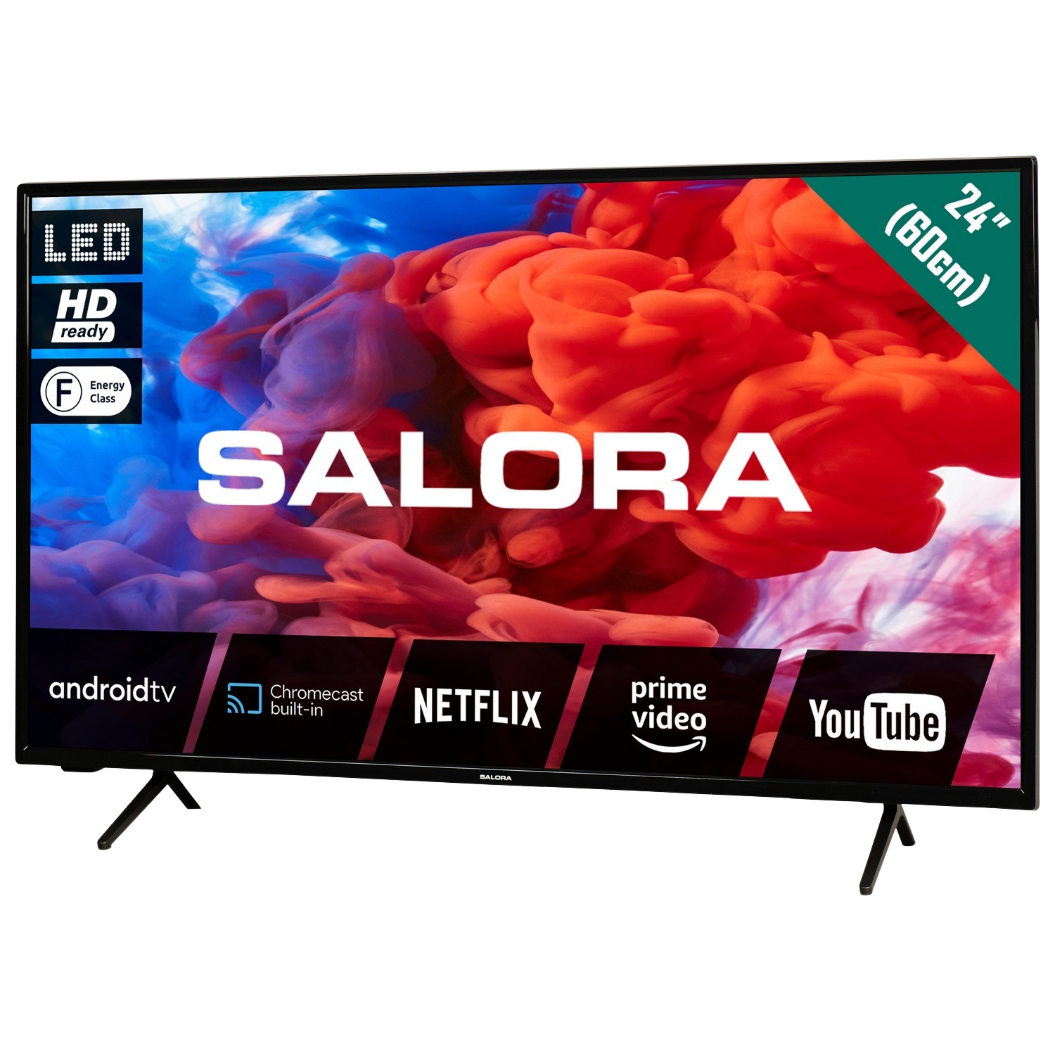 A 24-inch Salora LED TV with a colorful abstract background and logos for streaming services.
