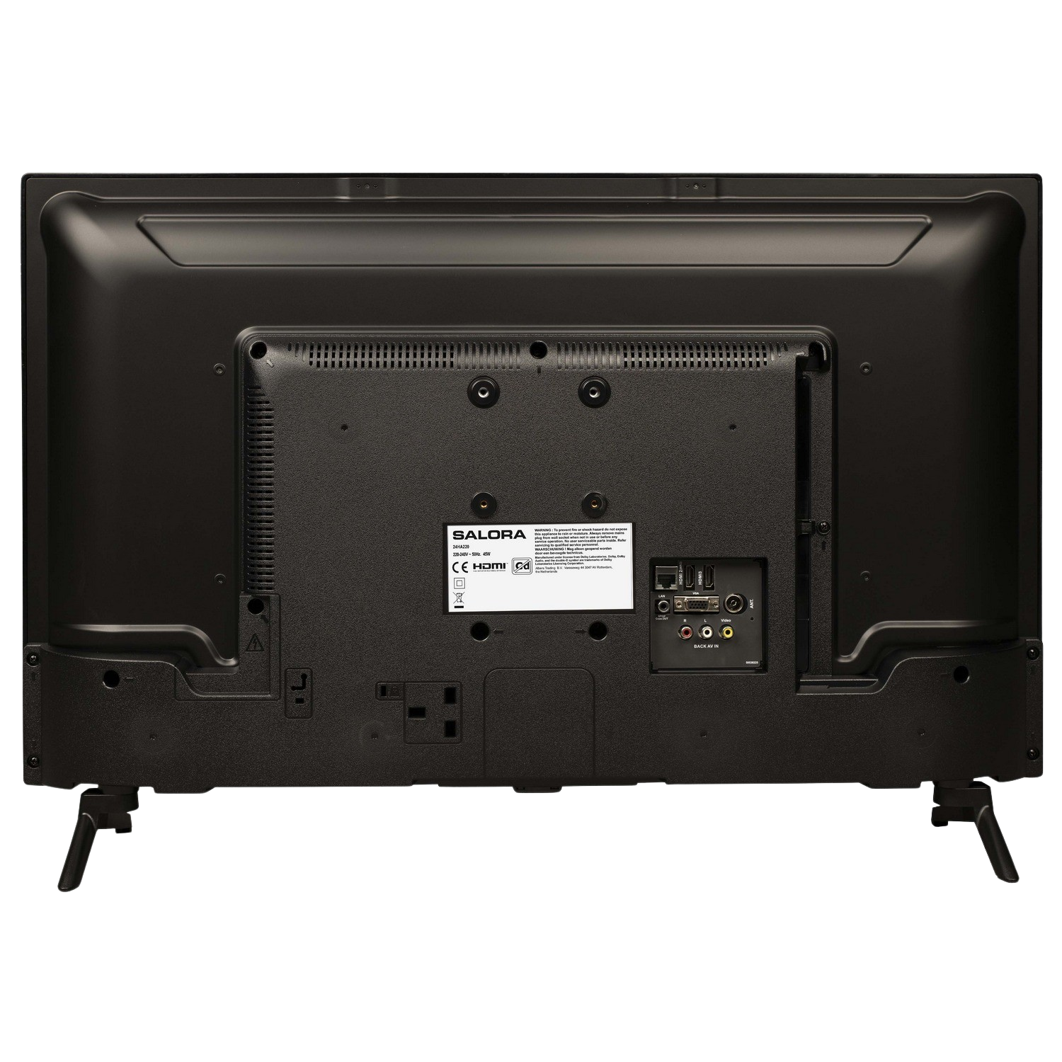 Back of a black TV with legs.