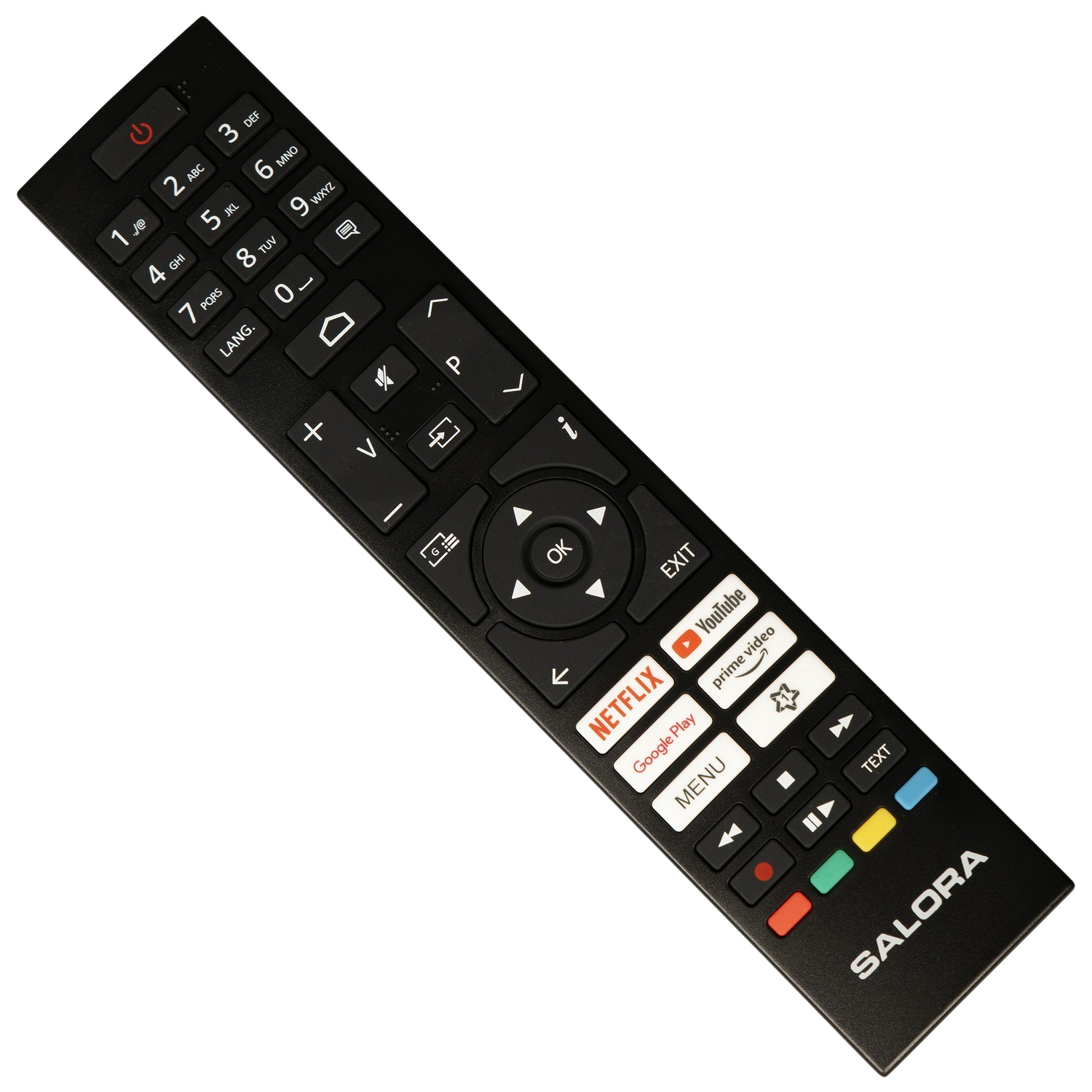 Black TV remote control with many buttons, including Netflix, YouTube, and Prime Video.