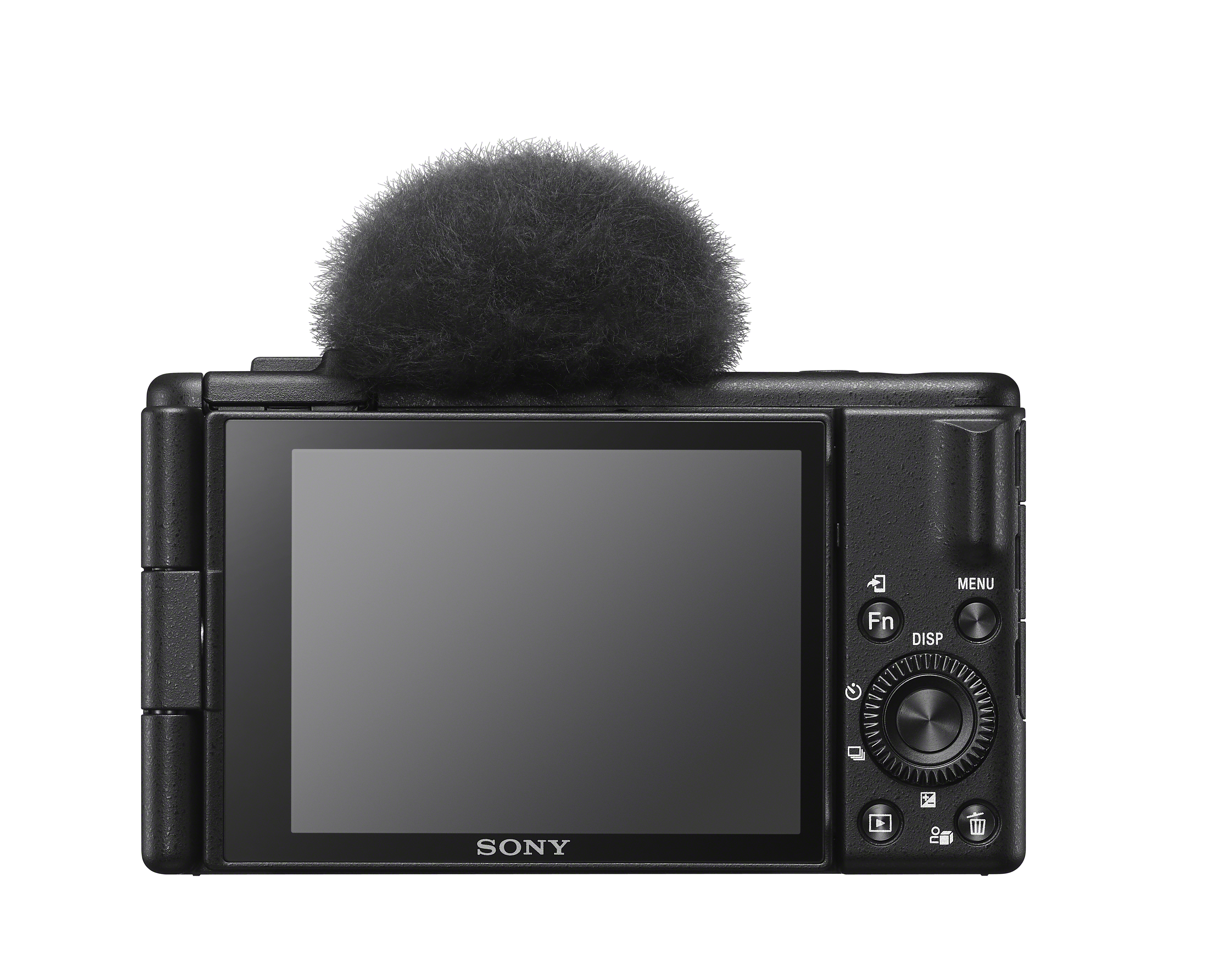 Rückseite einer schwarzen Sony Kamera mit Bildschirm und Mikrofon.