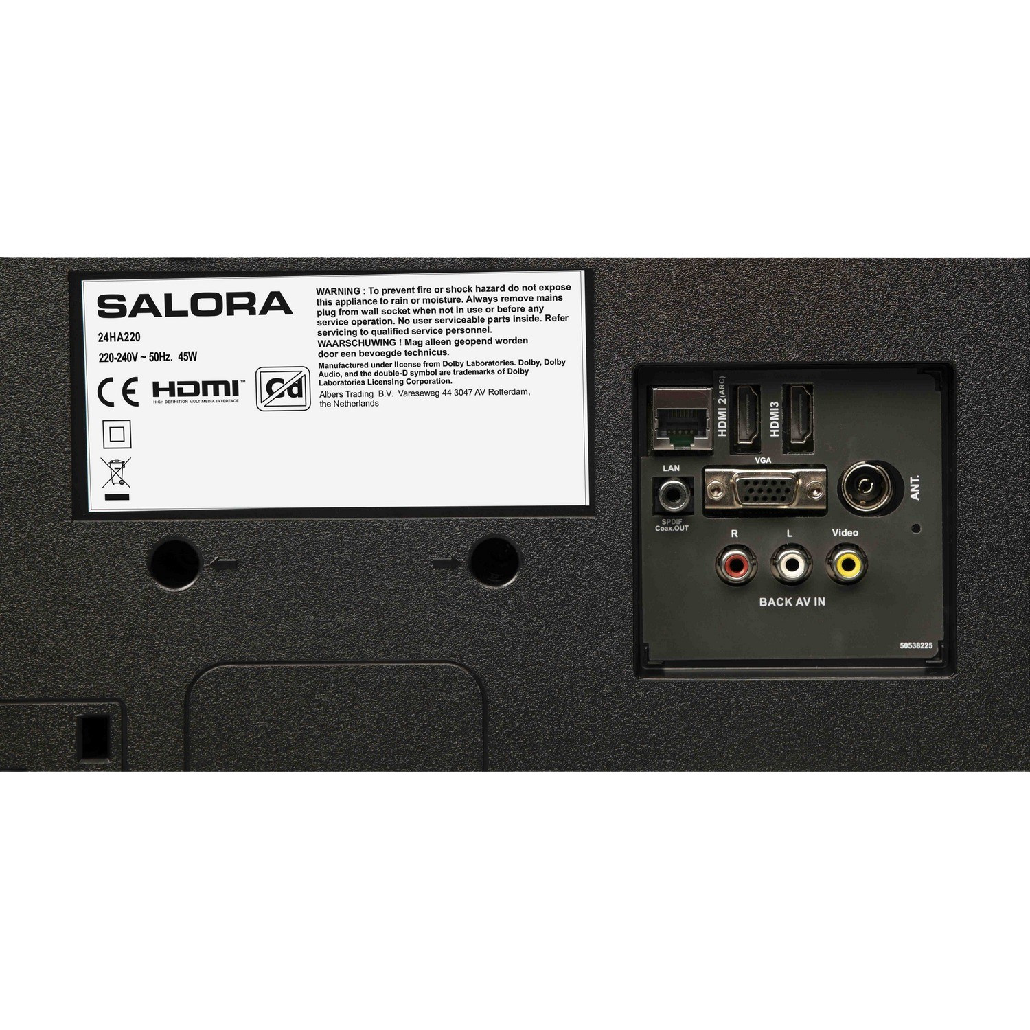 Back of a black TV with ports, labels, and a warning section.