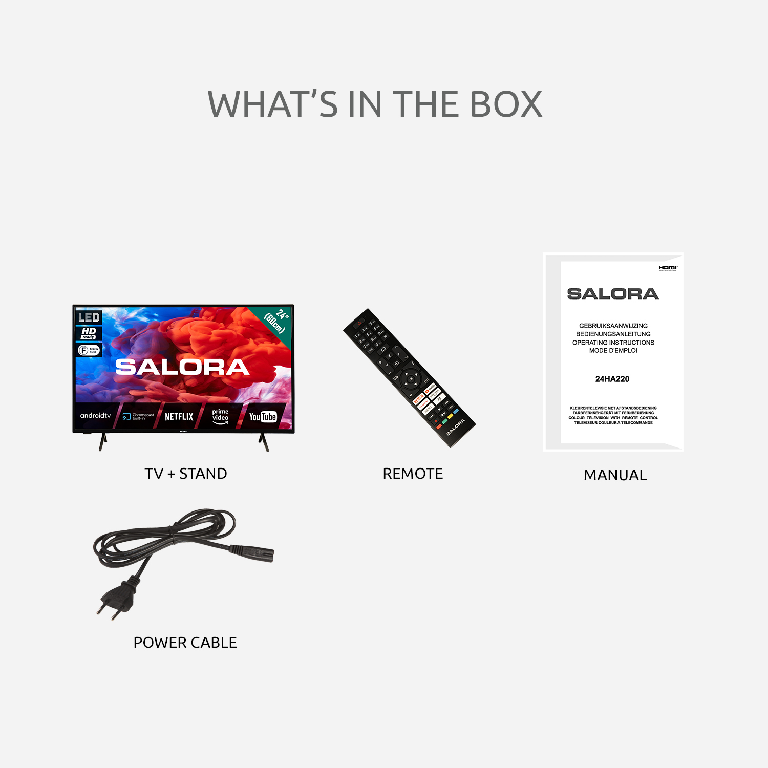 What's in the box: TV, remote, power cable, and manual are displayed on a light background.