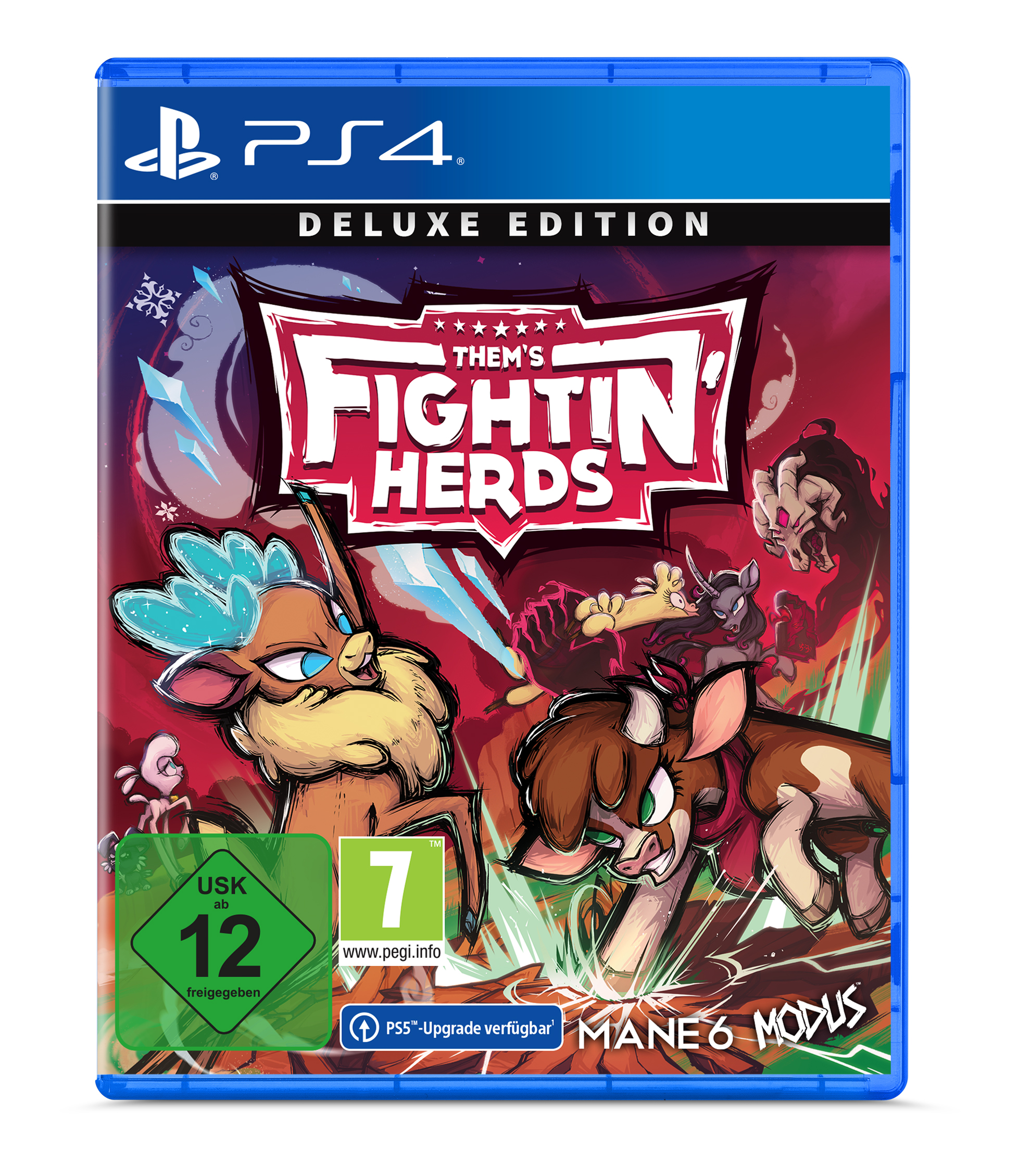 PS4-Spielcover für 'Them's Fightin' Herds'. Deluxe Edition, mit Cartoon-Tierfiguren.