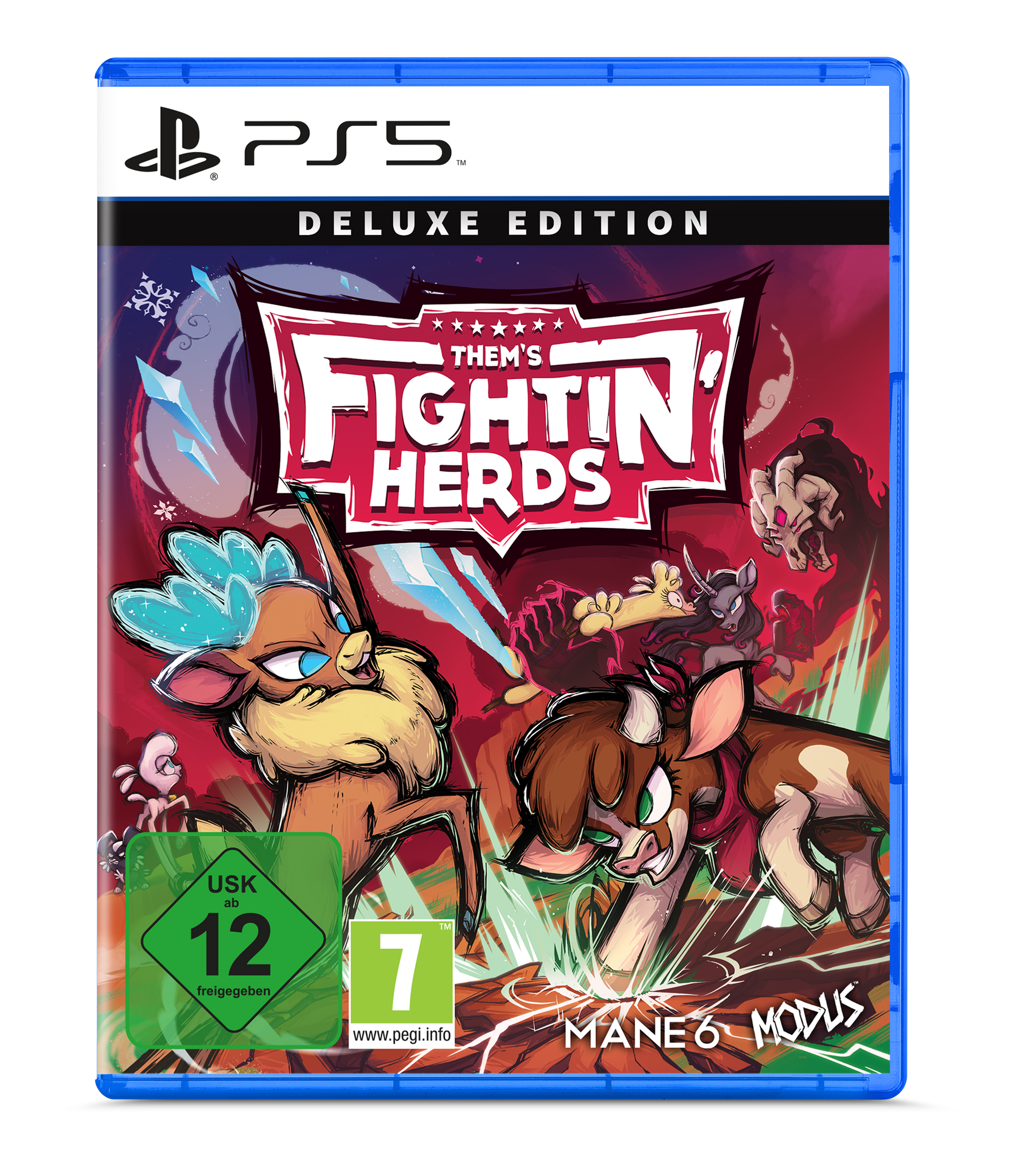 Spielbox für Them's Fightin' Herds, PS5 Deluxe Edition. Zeigt ein Reh und ein Pony.