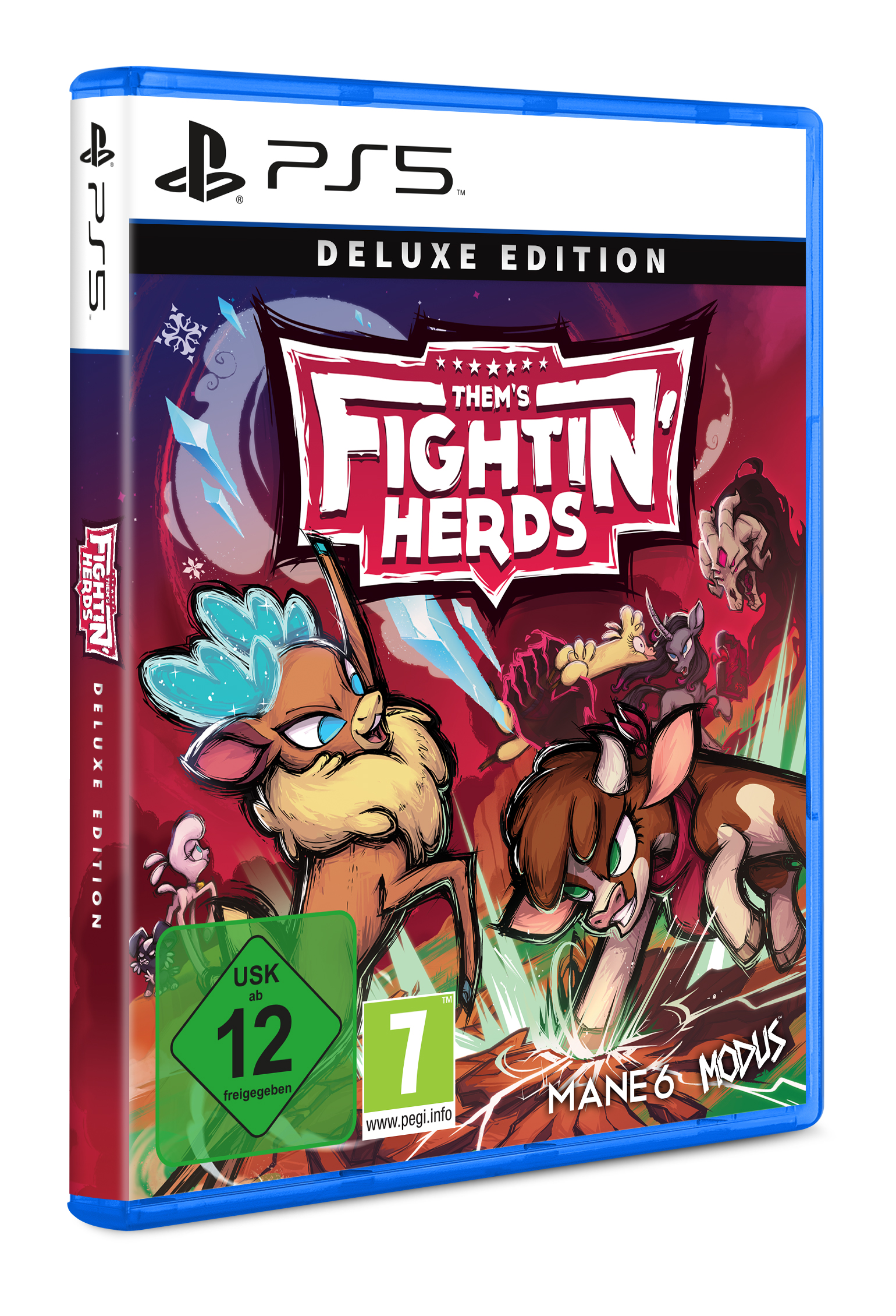 Eine PS5-Spielbox mit dem Titel "Them's Fightin' Herds" mit Tierfiguren in Kampfpose.