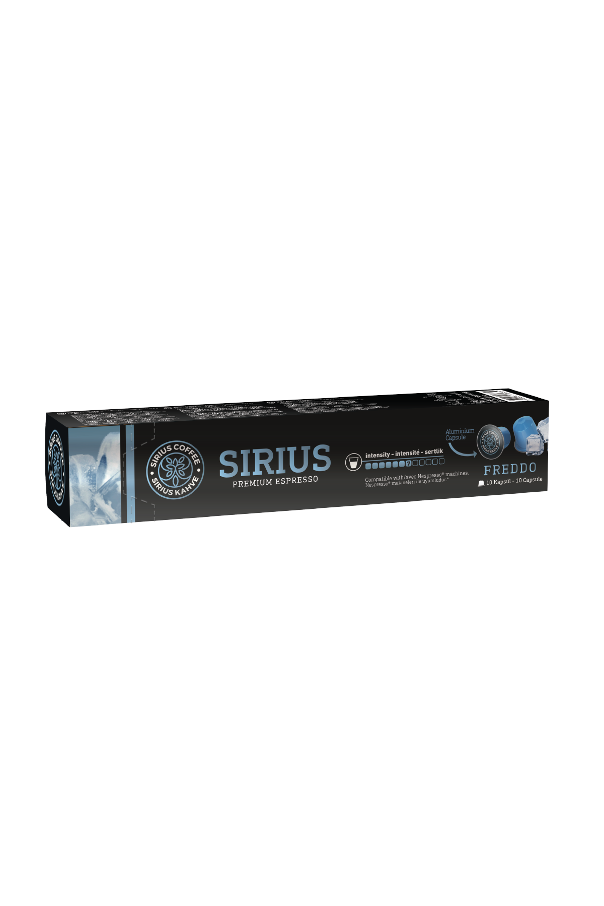 Mavi kapsüllerin görülebildiği Sirius Premium Espresso kahve kapsülleri kutusu.
