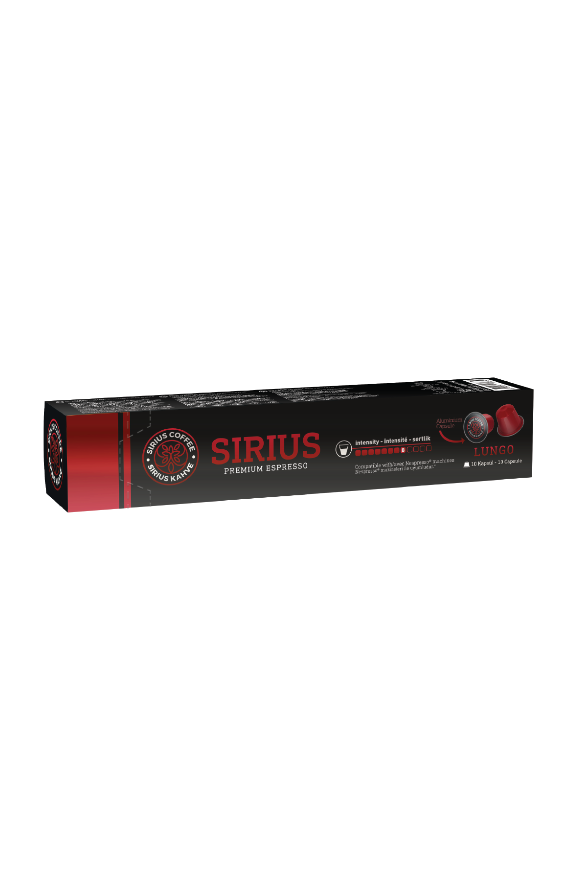 Bir kutu Sirius espresso kahve kapsülü. Kutu kırmızı ve siyahtır.