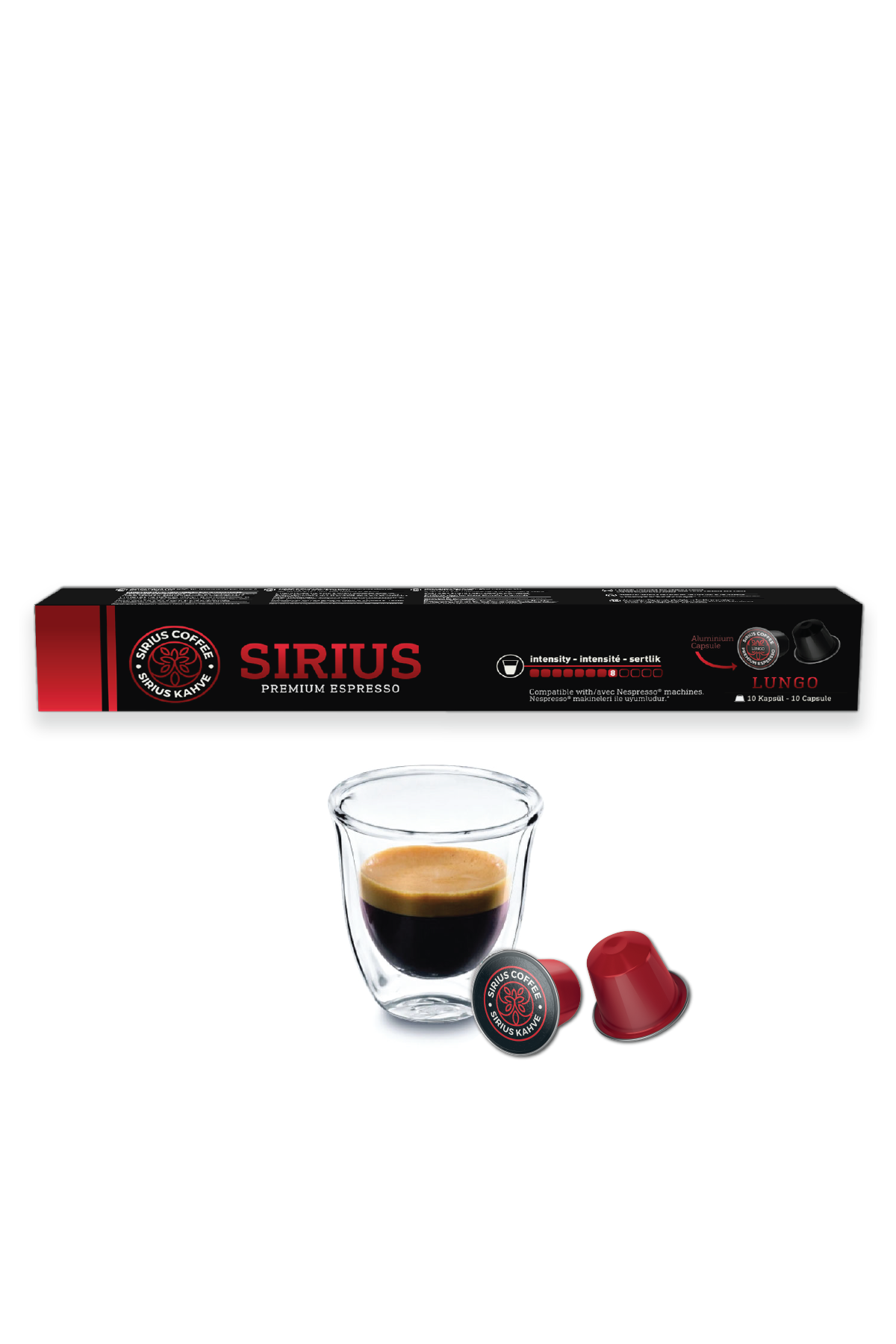 Bir fincan espresso ve iki kahve kapsülü. Kapsüller kırmızı ve siyah metinli.