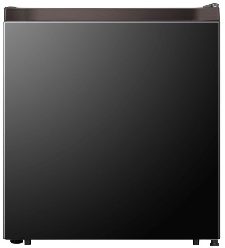 Black refrigerator with a dark grey top. It has a sleek, modern design with a simple handle.