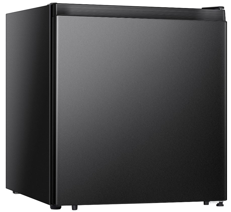 A black mini-fridge, closed, in a studio setting, presenting a sleek design.