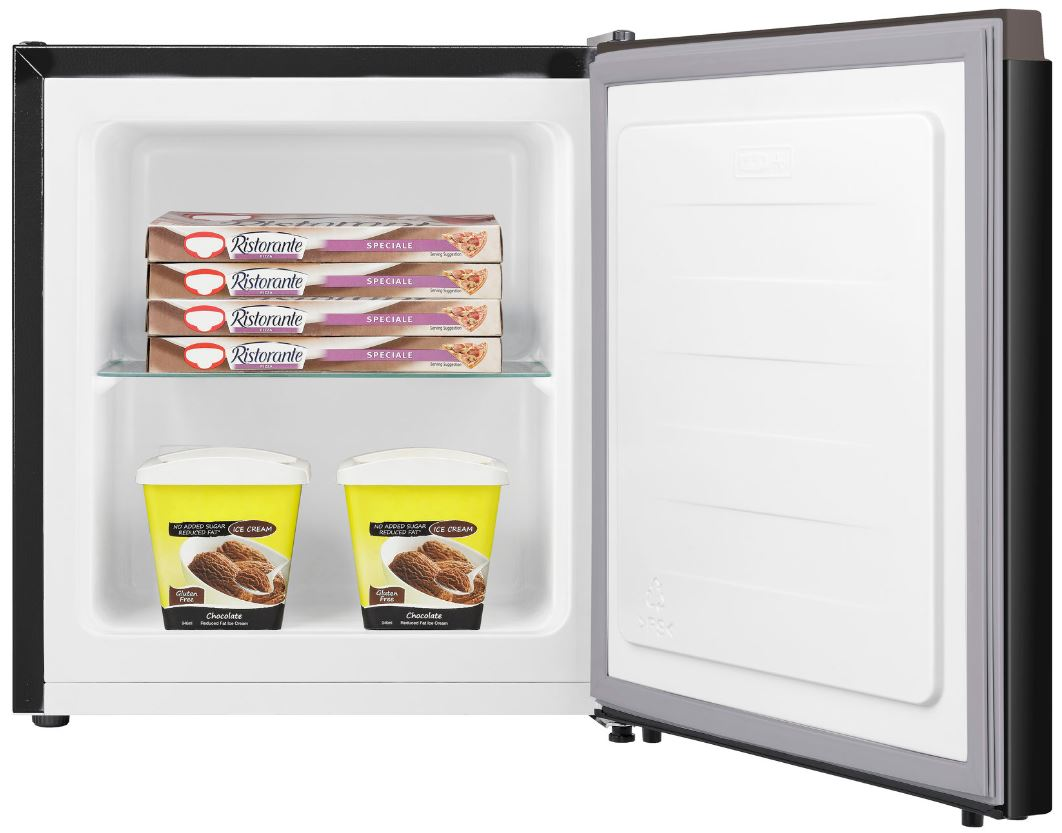 A small refrigerator with the door open, showing ice cream and frozen pizzas. White interior, black exterior.