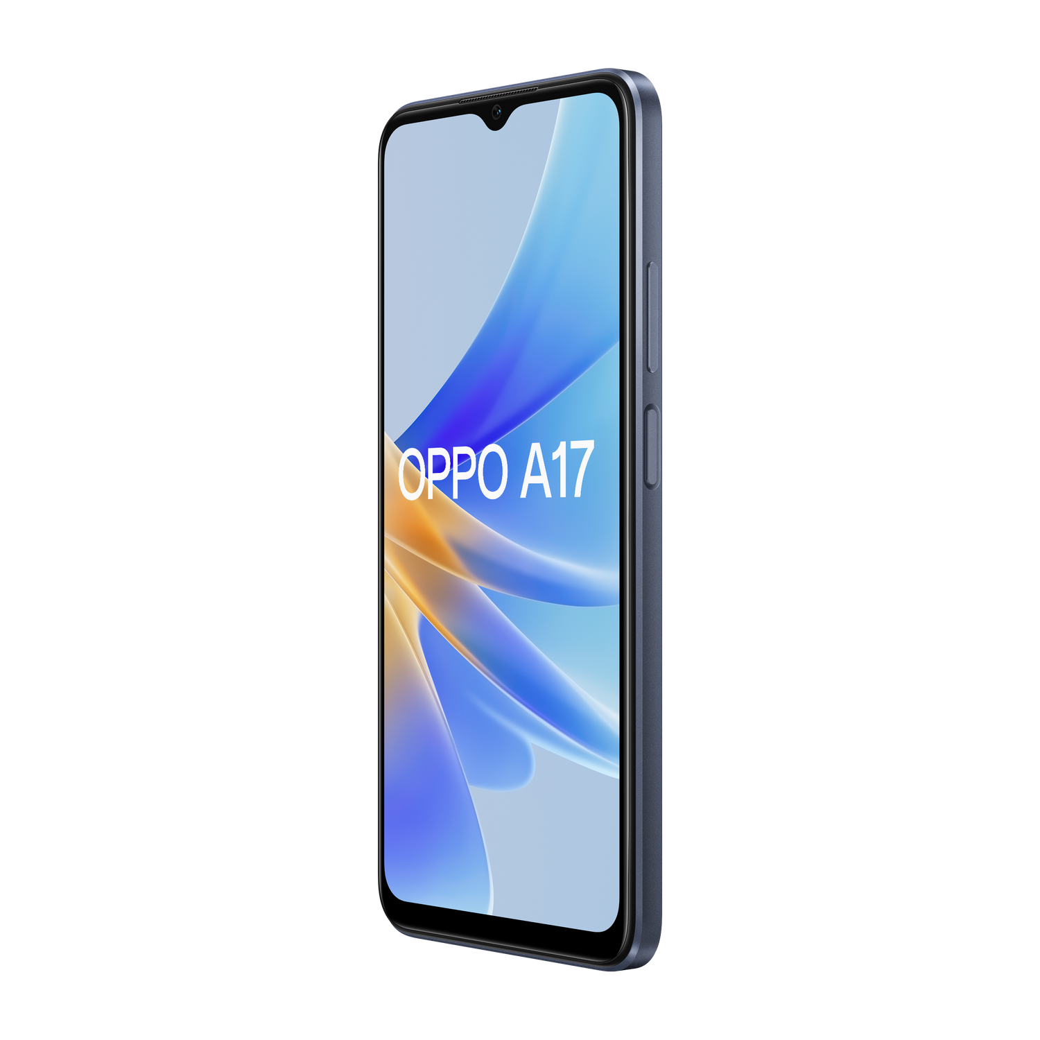 OPPO A17 smartphone, blauw, in profiel, met het scherm aan.