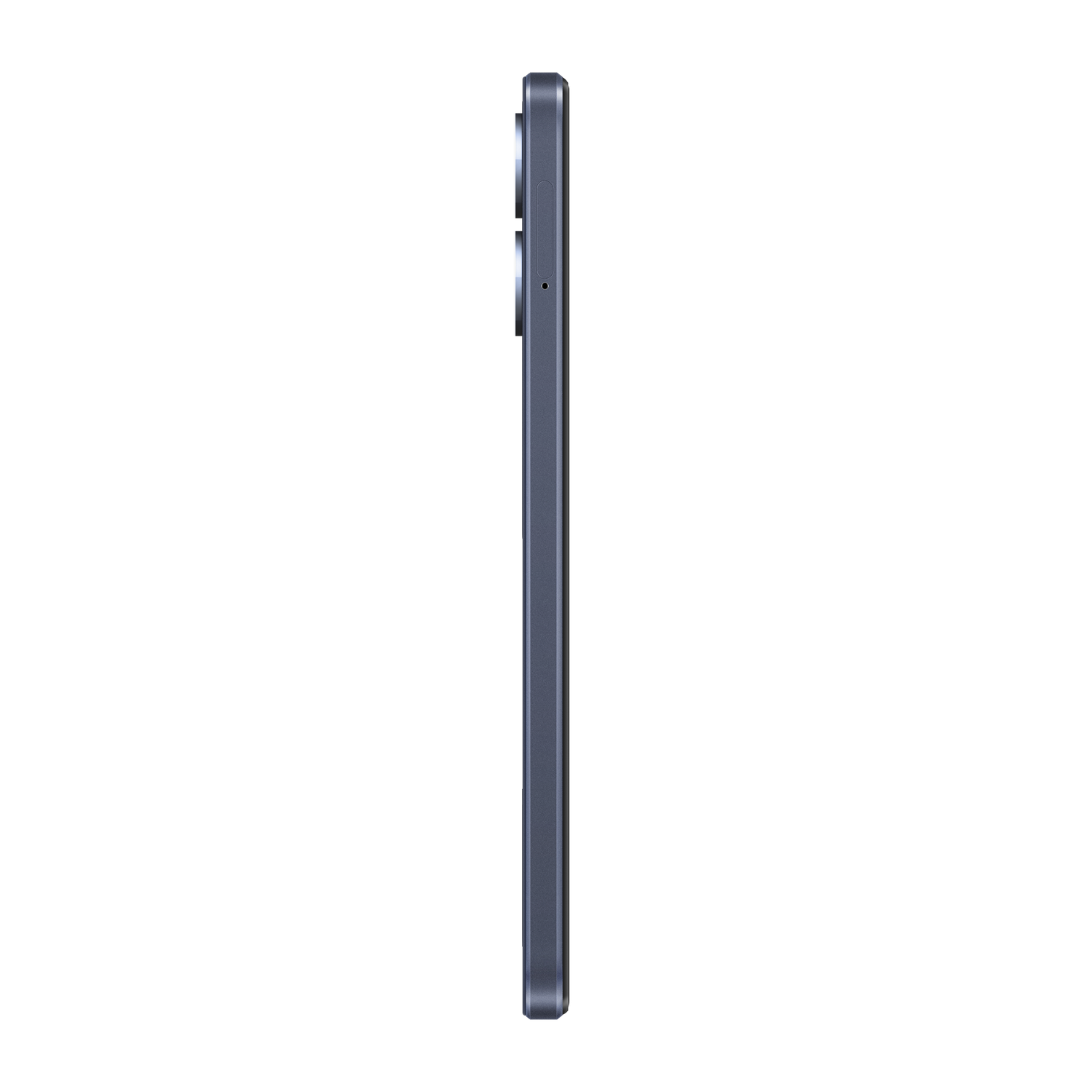 Het zijprofiel van een donkergekleurde telefoon wordt getoond tegen een zwarte achtergrond.