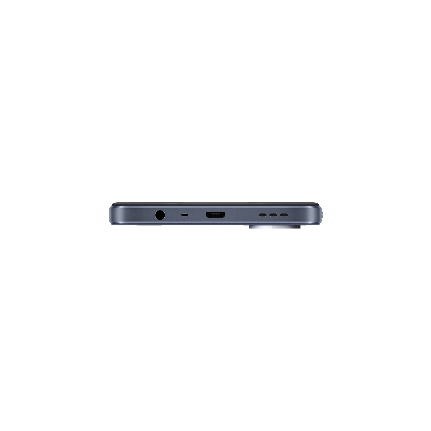Zijaanzicht van een smartphone met poorten en knoppen tegen een zwarte achtergrond.