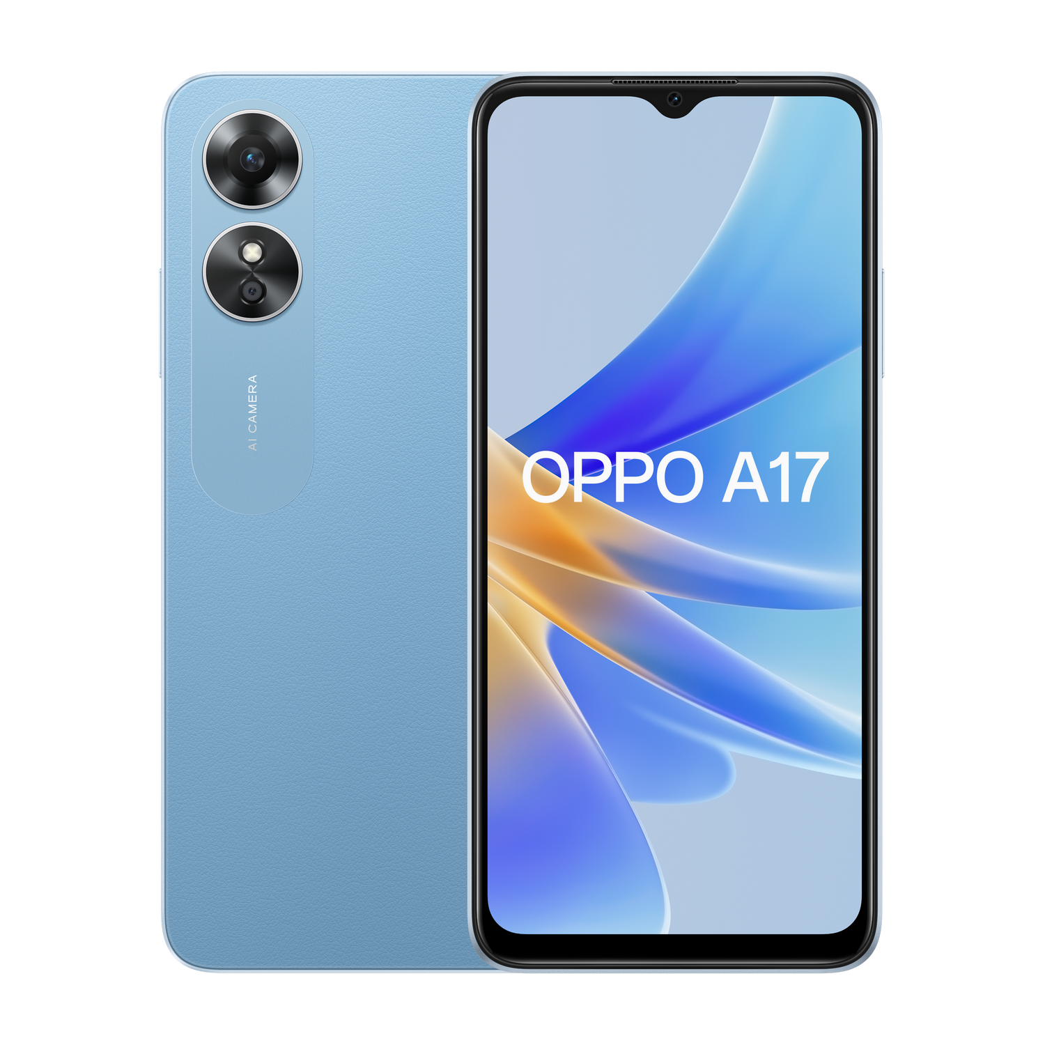 Blauwe OPPO A17-telefoon met de achterkant met camera's en de voorkant met scherm.
