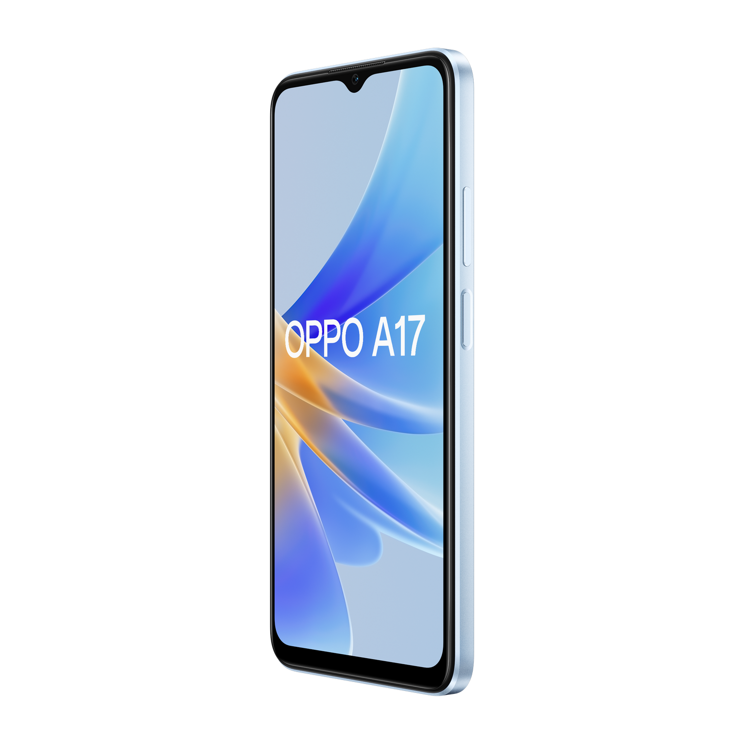 OPPO A17 smartphone. De telefoon is lichtblauw met een zwart scherm, tegen een zwarte achtergrond.