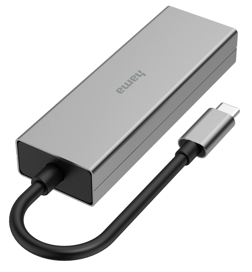 Ezüst Hama USB-C adapter fekete kábellel és USB-C csatlakozóval.