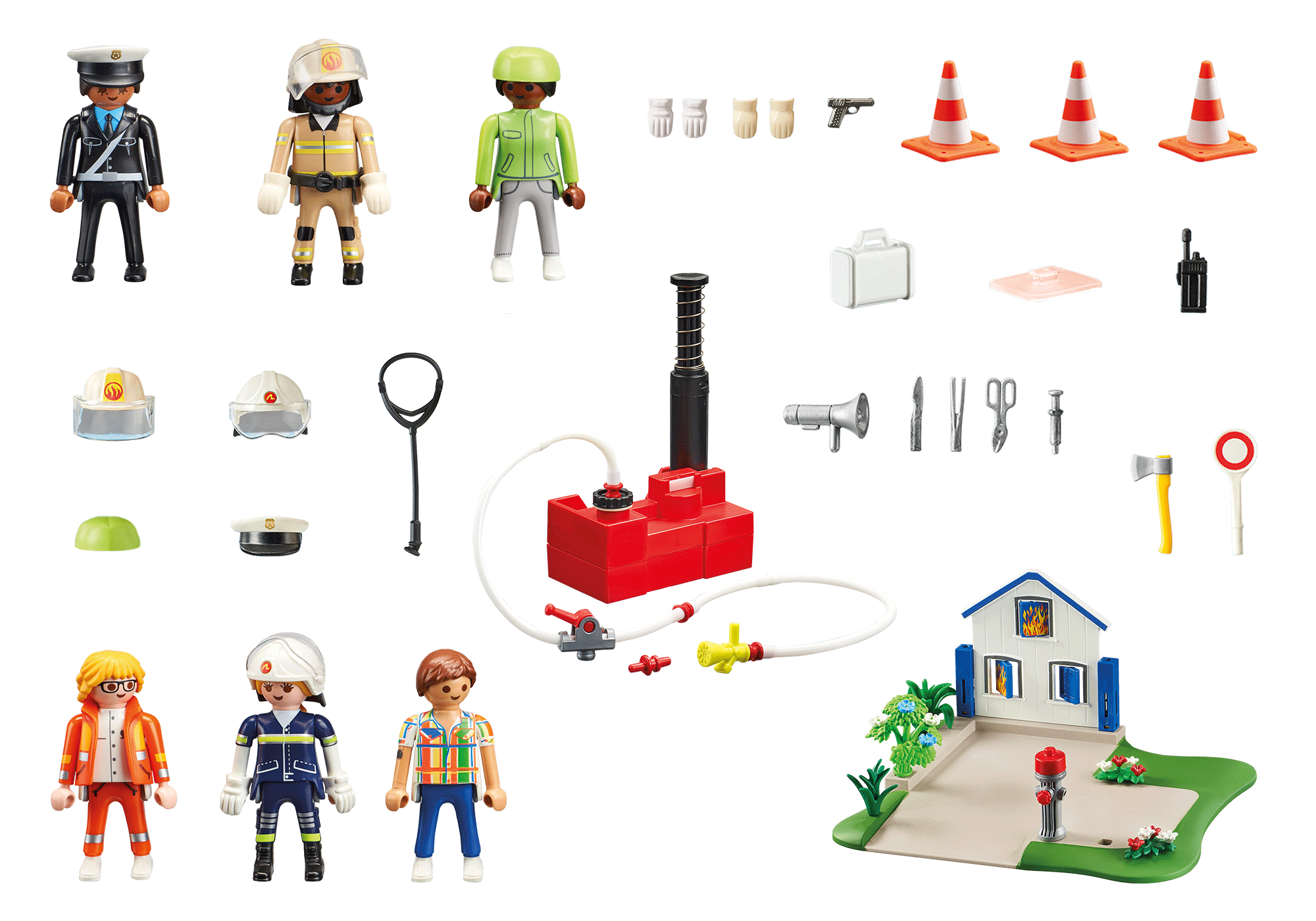 Playmobil-Feuerwehrszene mit verschiedenen Figuren, Ausrüstung und einem brennenden Haus.