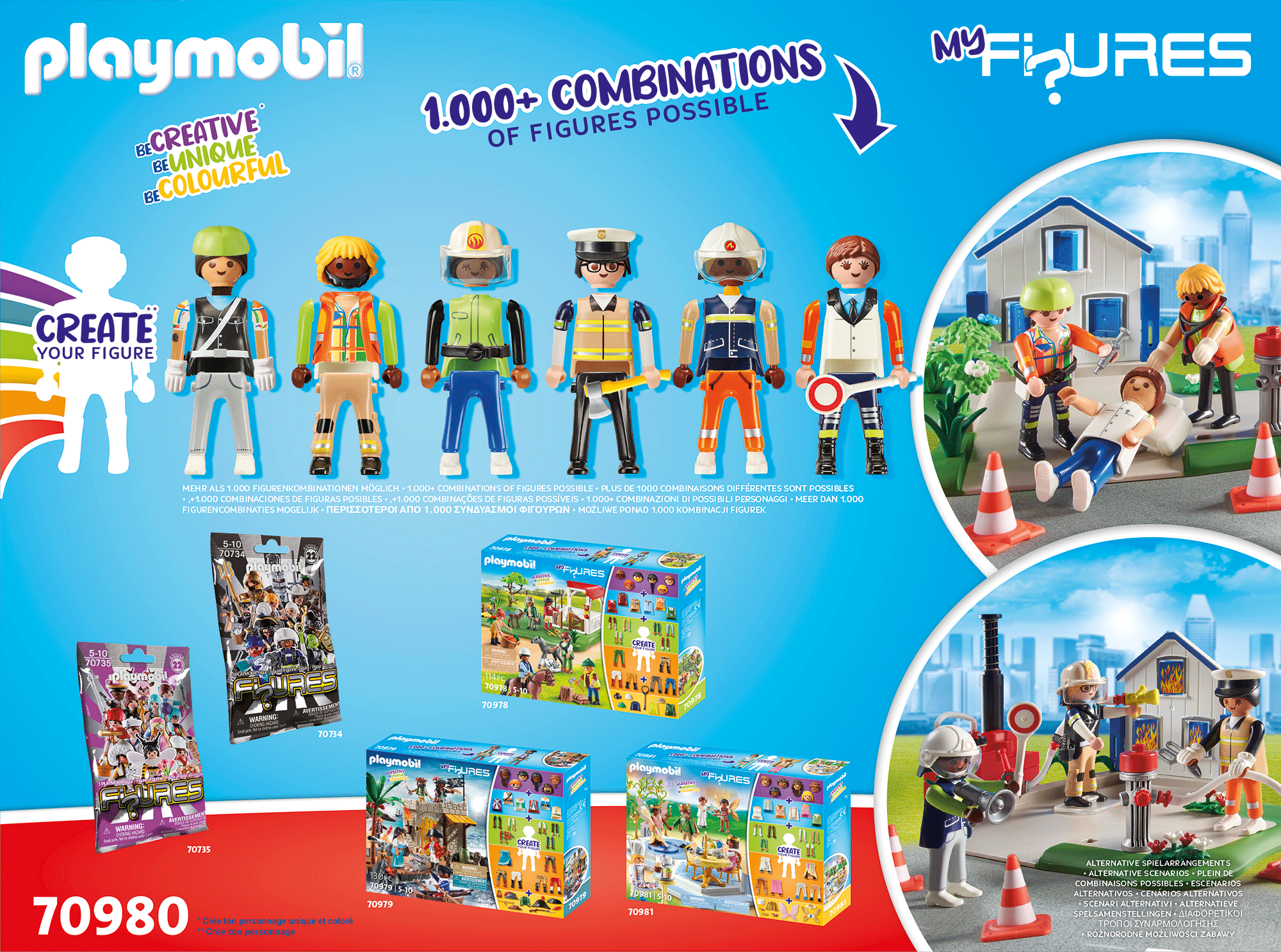 Playmobil-Figuren in verschiedenen Outfits, zusammen mit Kartons mit Playmobil-Sets.