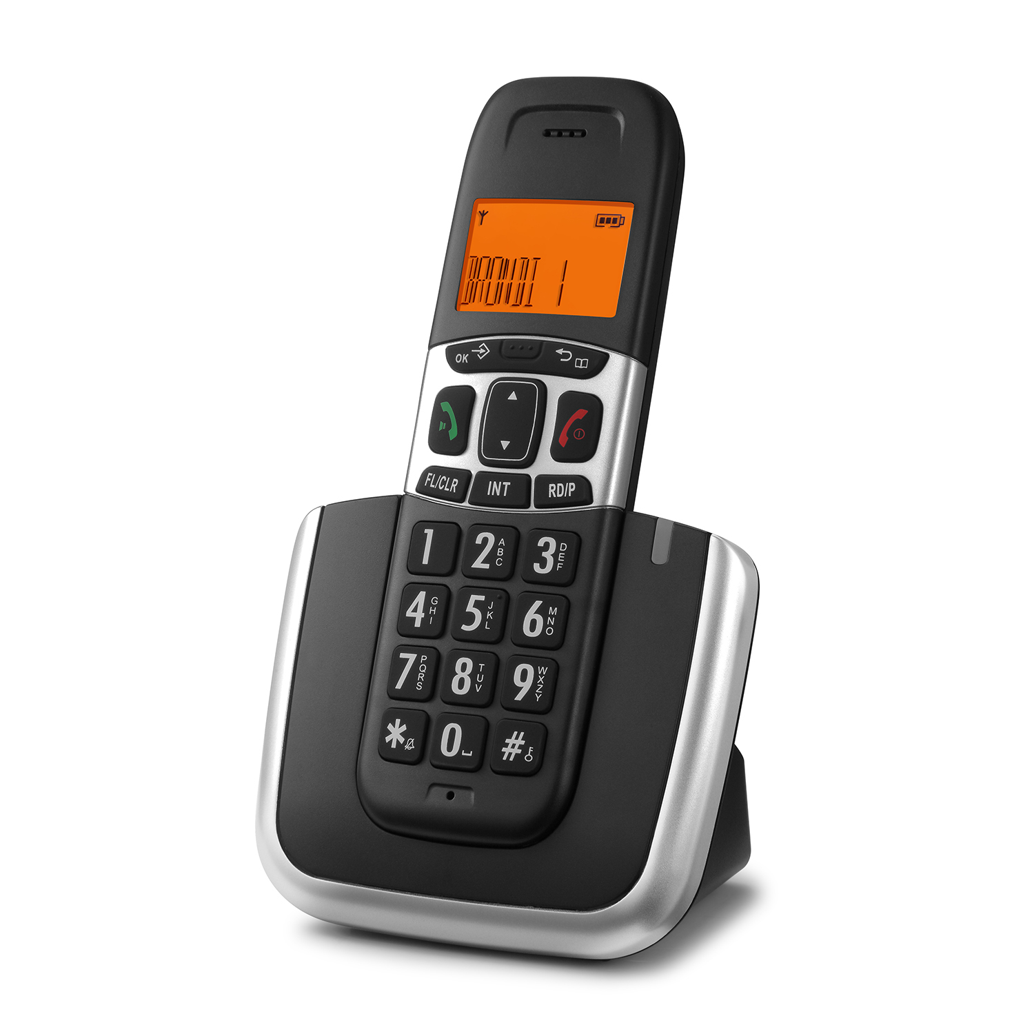 Telefono fisso nero con pulsanti grandi, schermo che mostra 'Componendo', sfondo bianco.