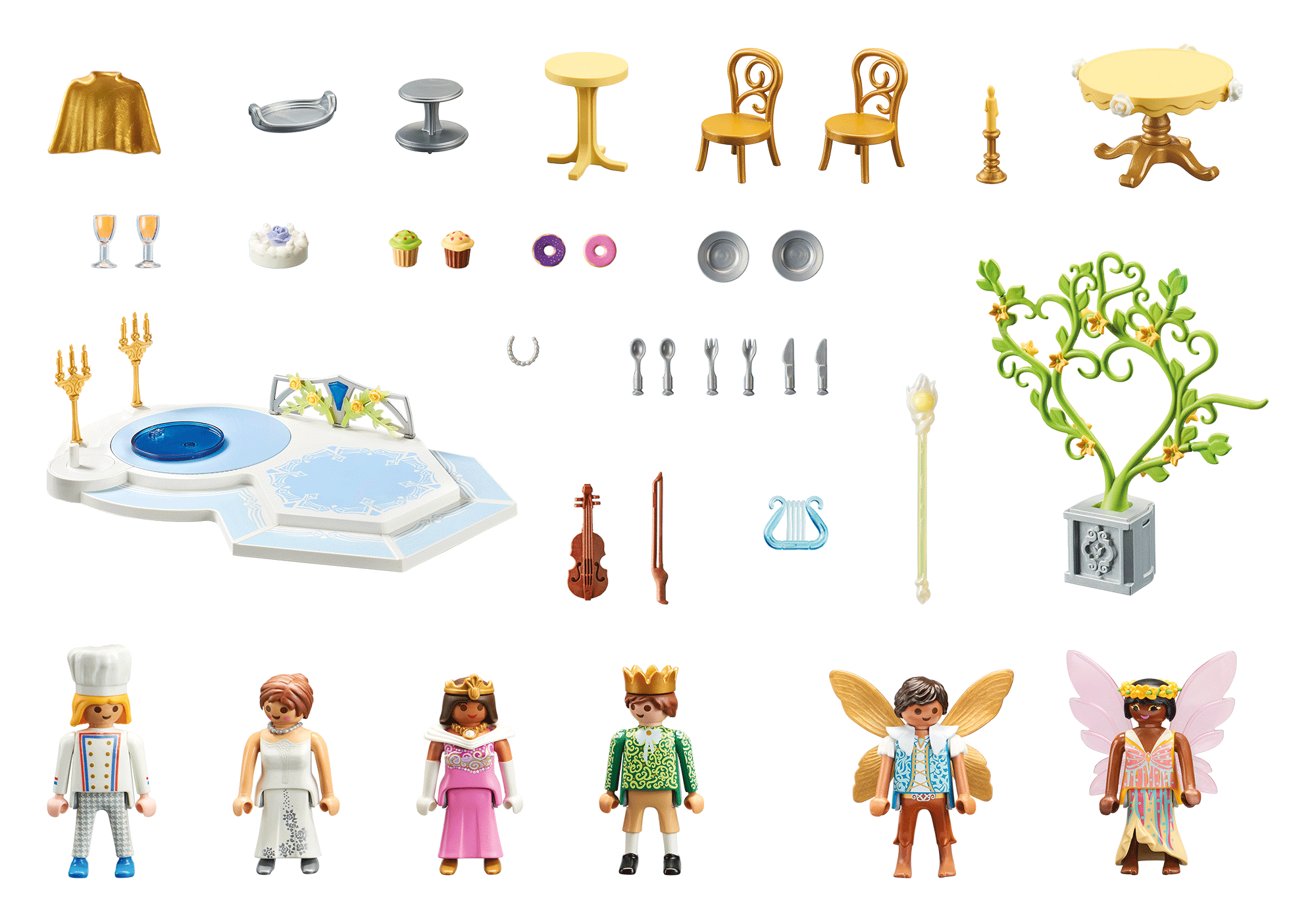 Spielzeugset mit Figuren und Zubehör, darunter Koch, Prinzessin und Tische, auf Schwarz angeordnet.