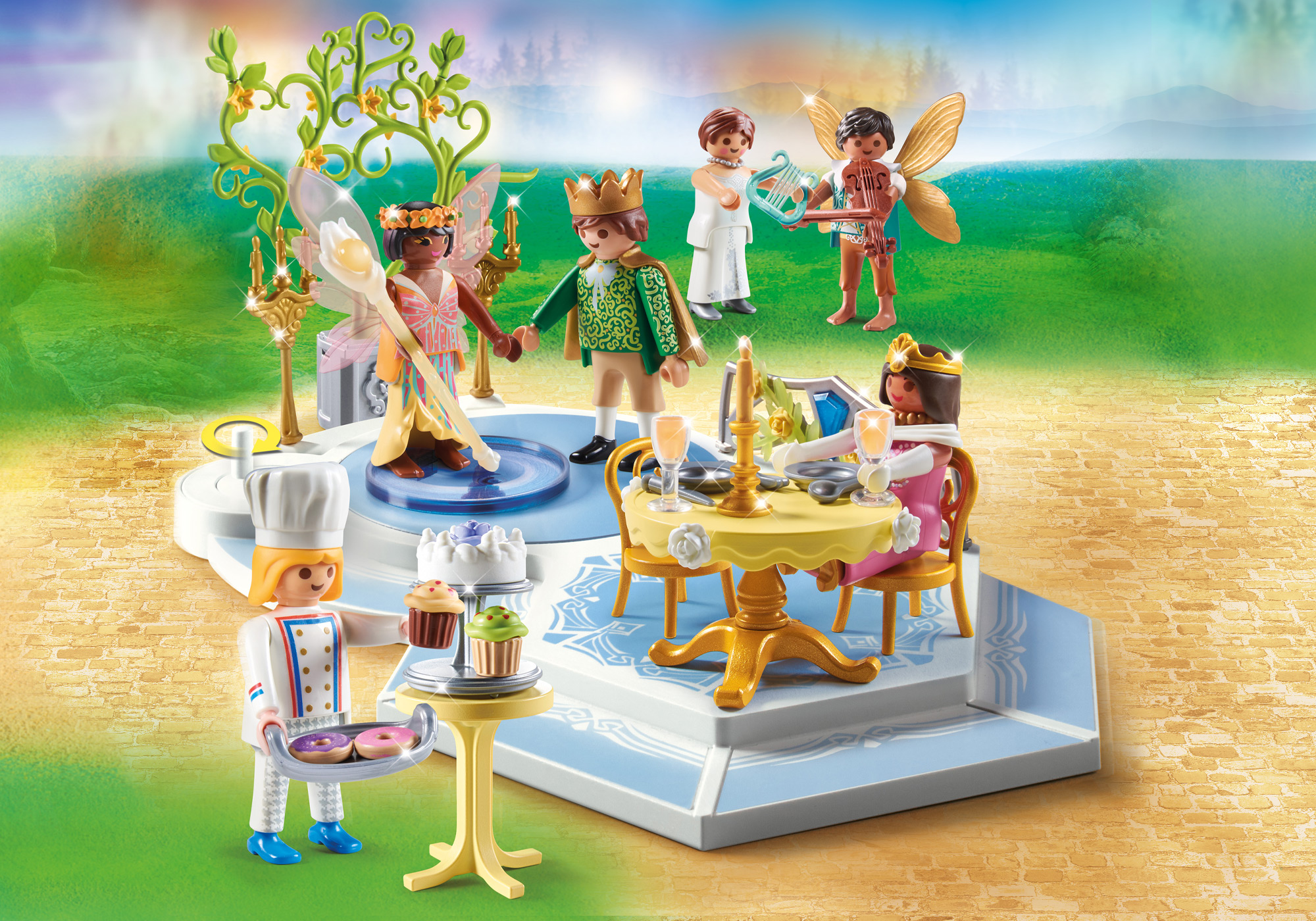 Playmobil-Szene mit Märchenfiguren bei einem Bankett, mit burgähnlichem Ambiente.