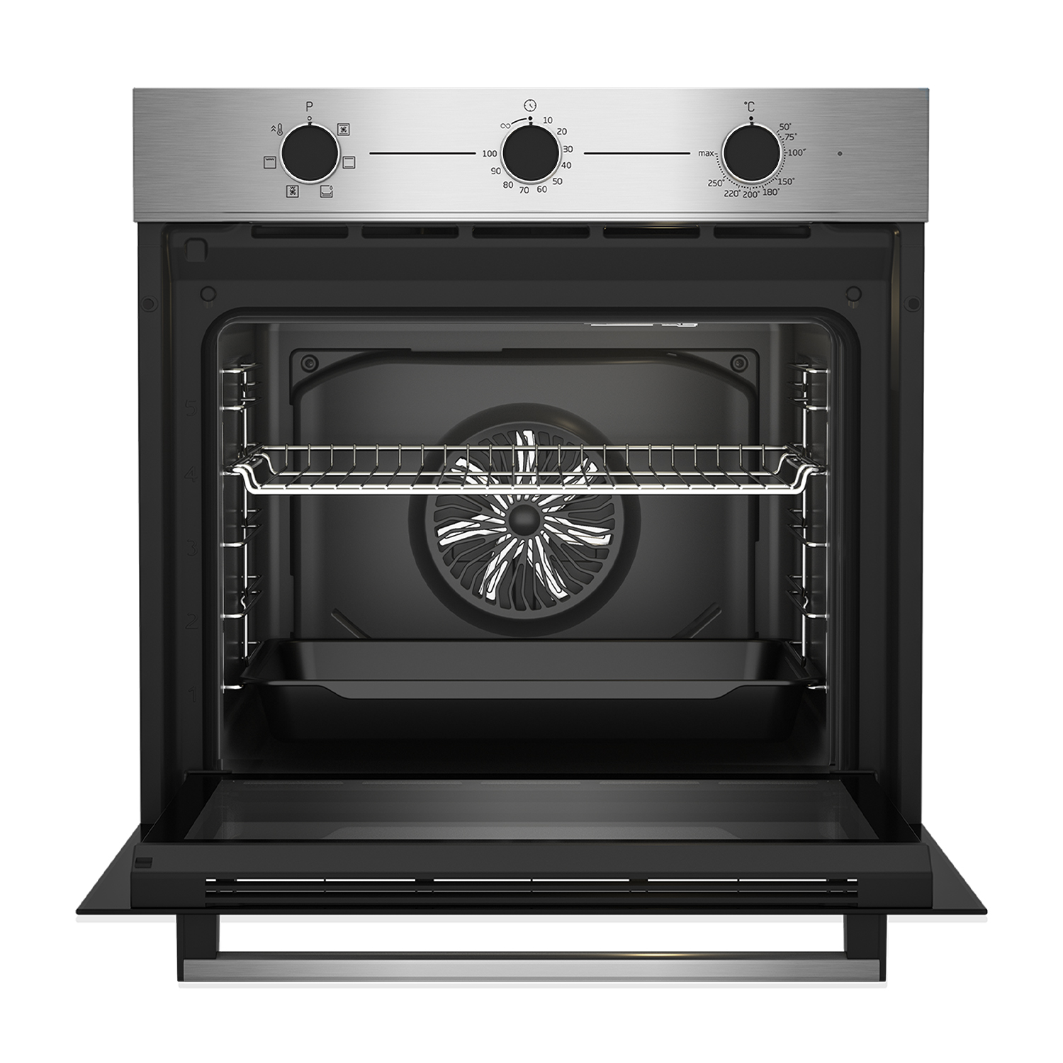 Un forno aperto con la parte superiore in acciaio inossidabile. All'interno, una ventola e una griglia sono visibili. La porta è in vetro nero.