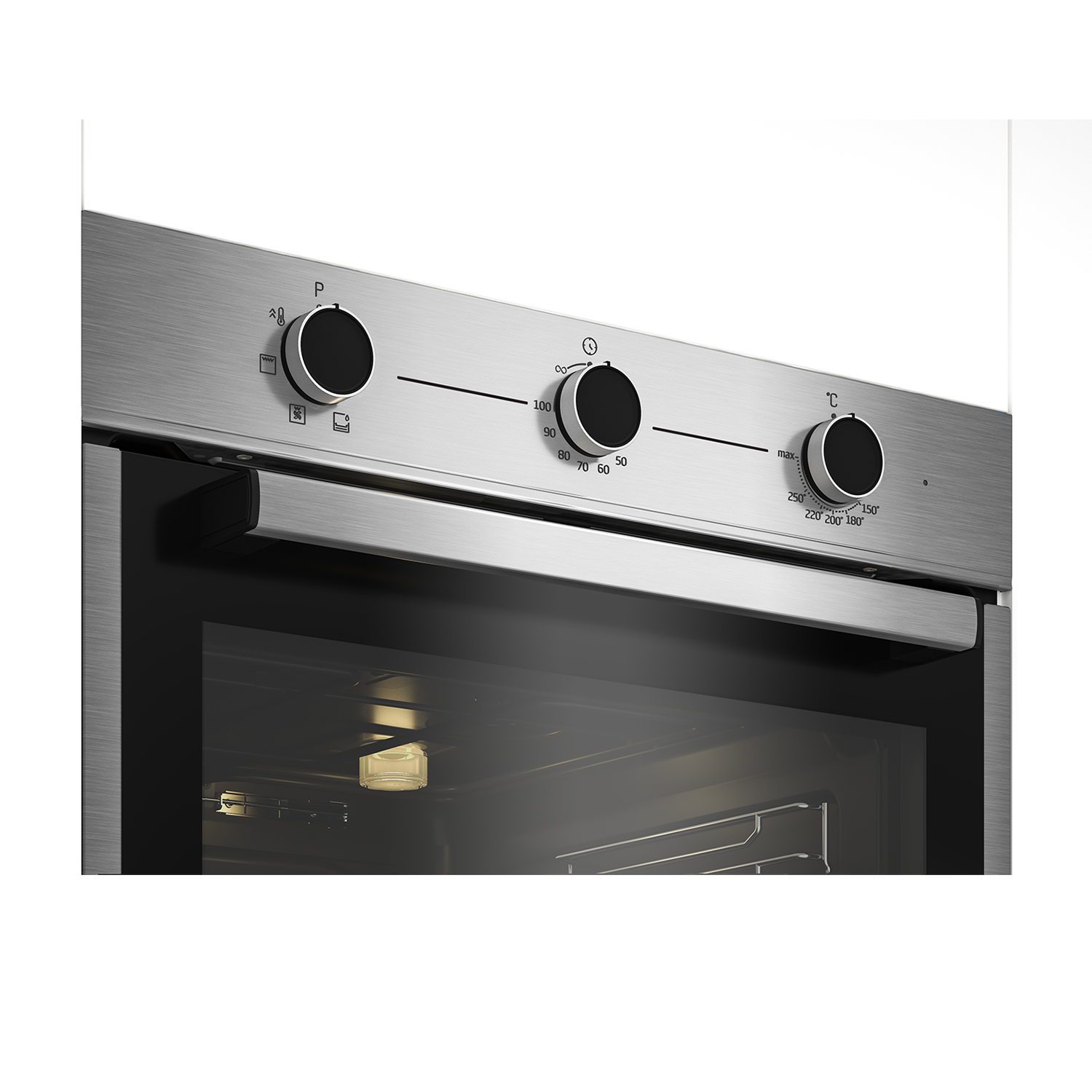 Pannello comandi forno con manopole. Mostra temperatura, potenza e timer. Aspetto acciaio inox.