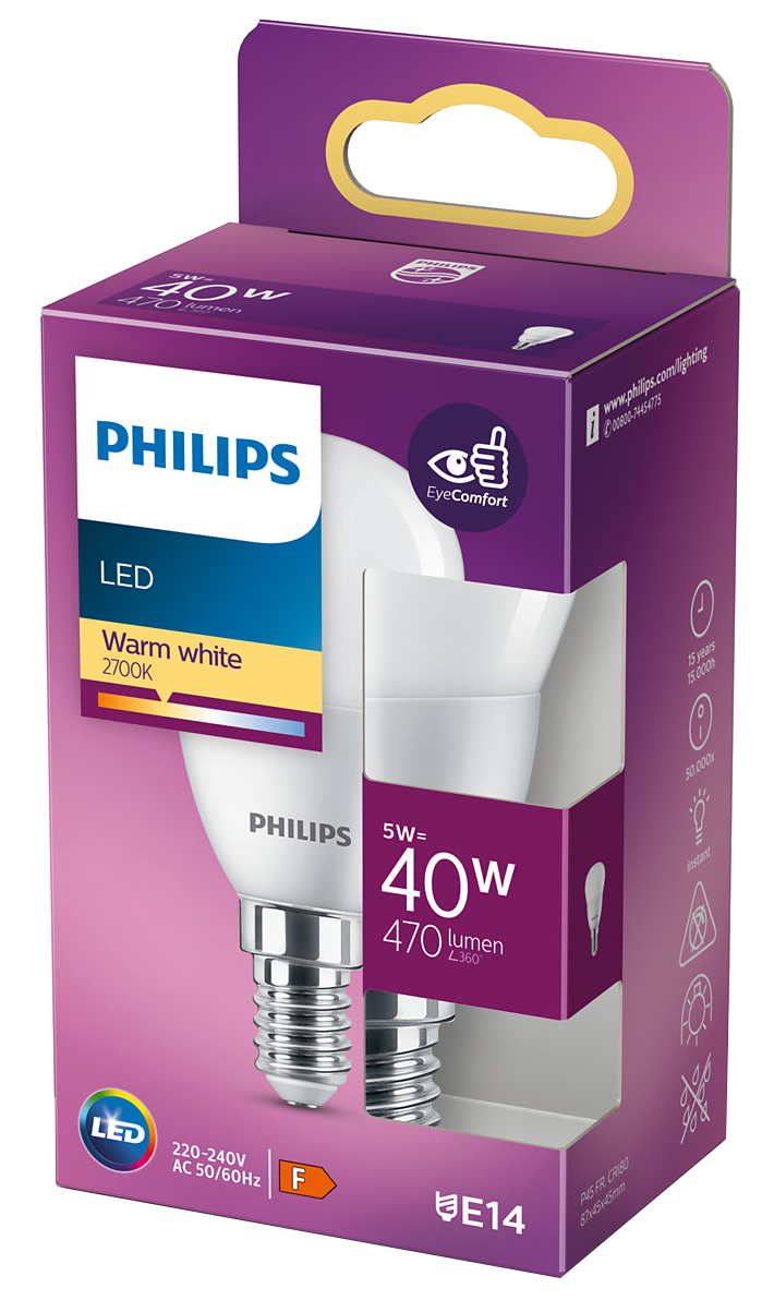 Philips LED izzó csomag. Egy izzót és specifikációkat mutat, mint például 40W, 470 lumen és 2700K.