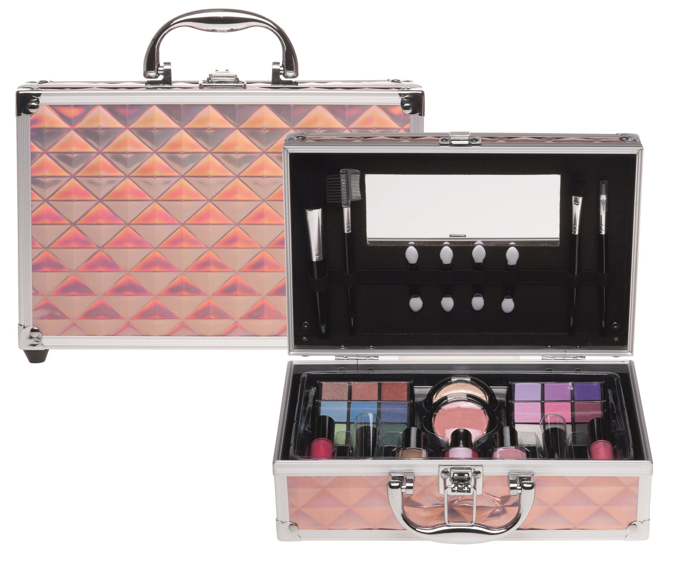 Rosa Make-up-Koffer mit geöffneten und geschlossenen Seiten. Es ist mit Schönheitsprodukten gefüllt.