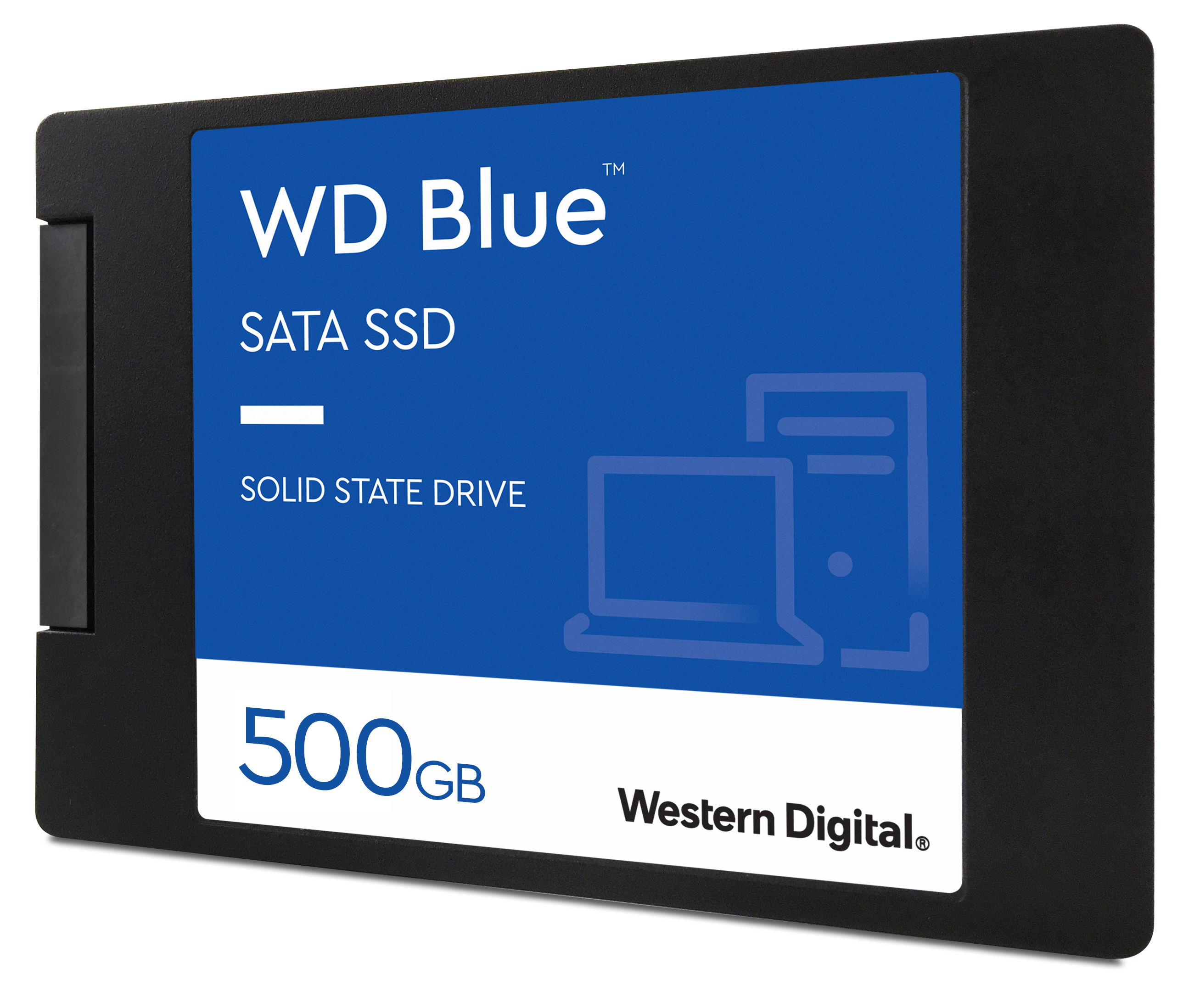 Siyah WD Blue SATA SSD. Beyaz metinli mavi etiket ve bilgisayar grafiği.