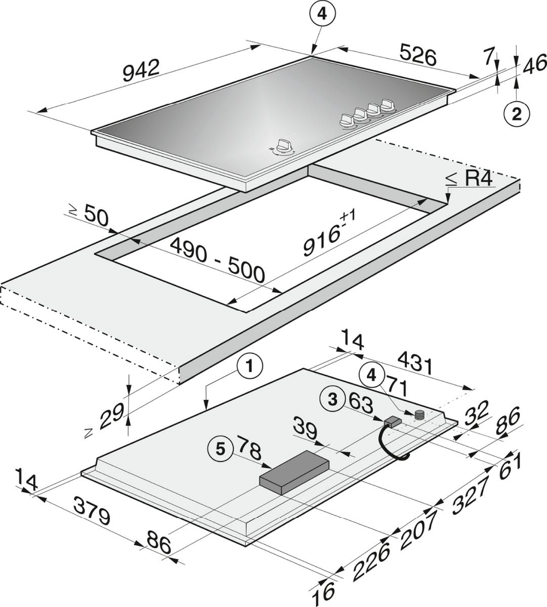 Diagramm eines Kühlschranks, Maße in Millimetern, mit Komponenten und deren Positionen.