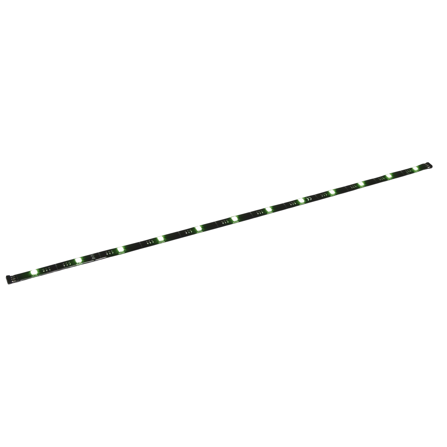 Black, thin LED light strip with green lights, against a black background.
