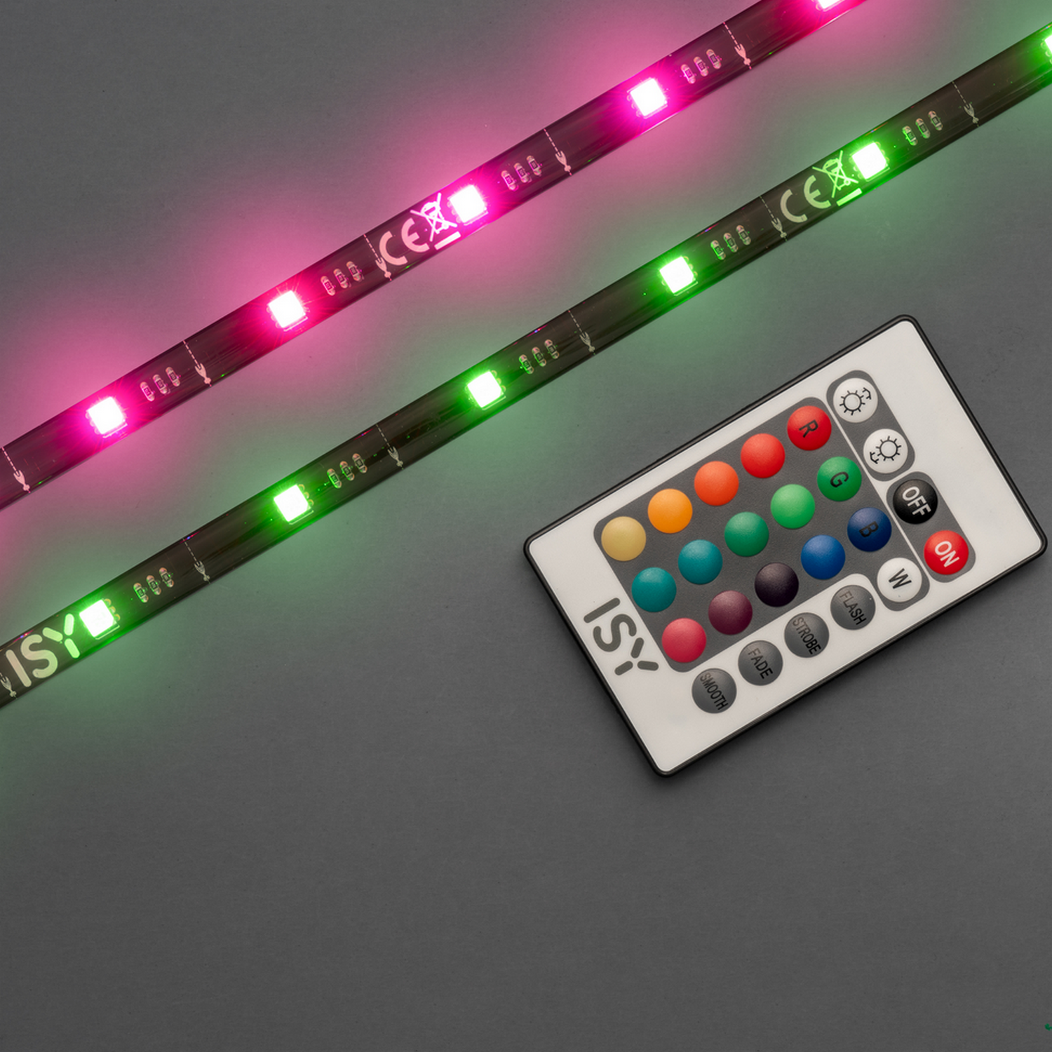 LED light strips and a remote control on gray background.