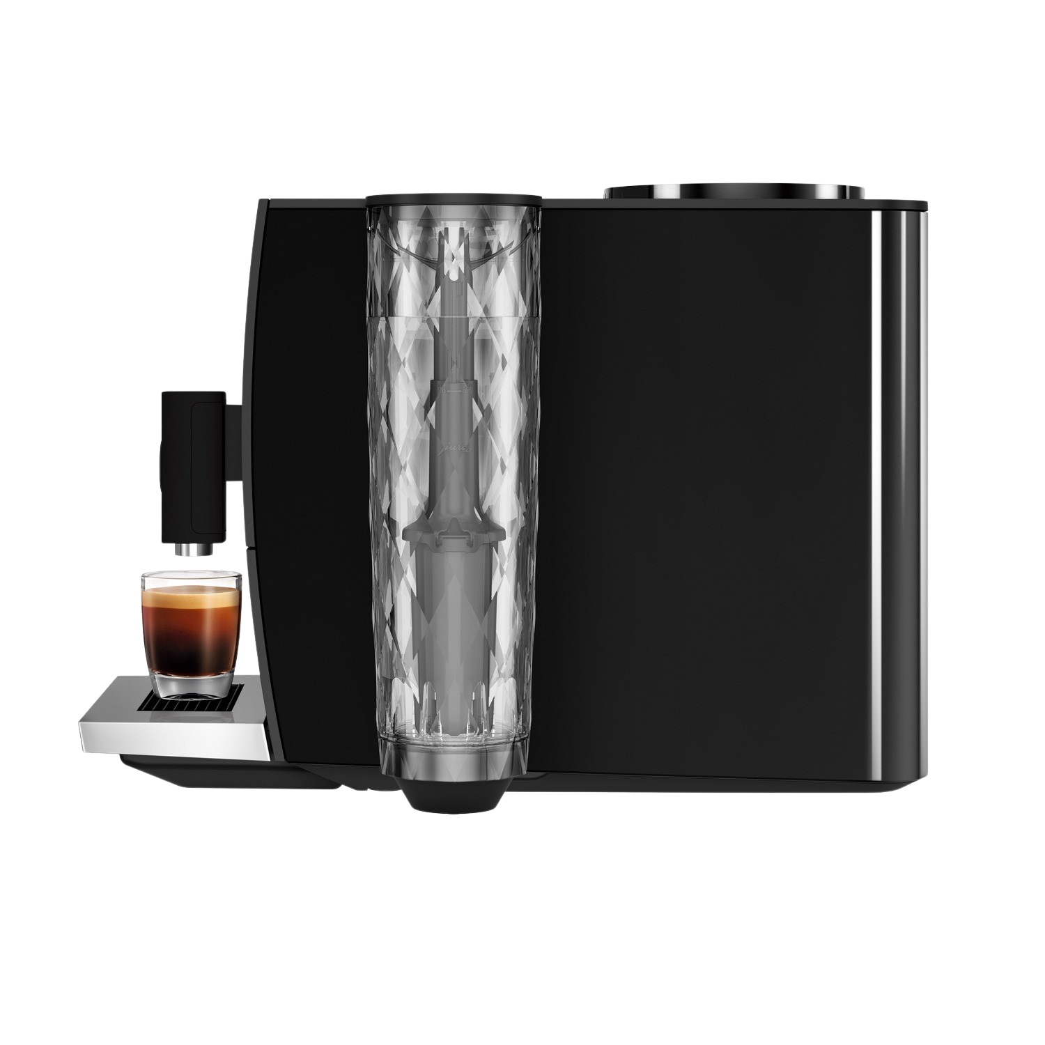 Black coffee machine with a glass of espresso on the left. Clear water container on the right.